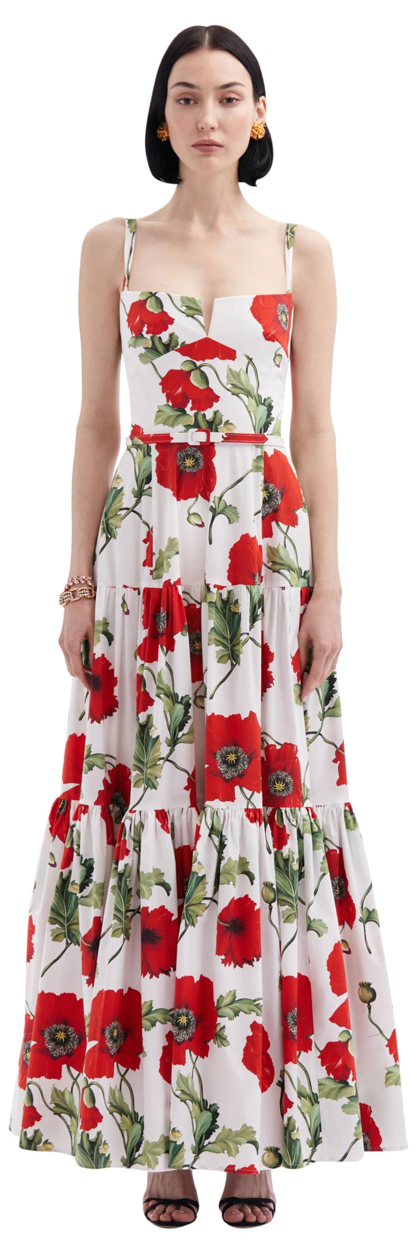 Oscar de la Renta, Poppy Cotton Poplin TieRed Maxi Dress, White/Red, 12