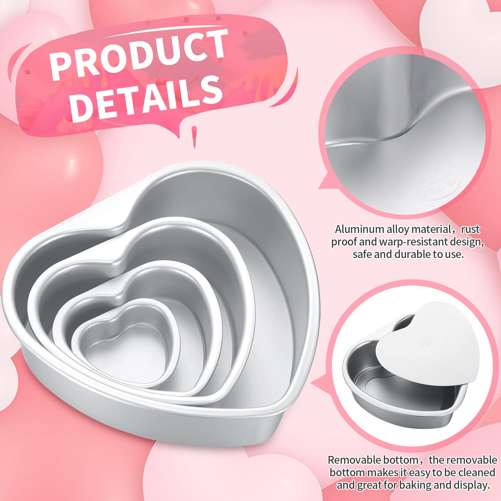 Sieral 7 Pcs Aluminum Heart Shaped Cake Pans Set 3/4/ 5/6/ 8/10 Inch DIY Nonstick Baking Pan with Removable Bottom Cake Dessert Baking Mould Supplies
