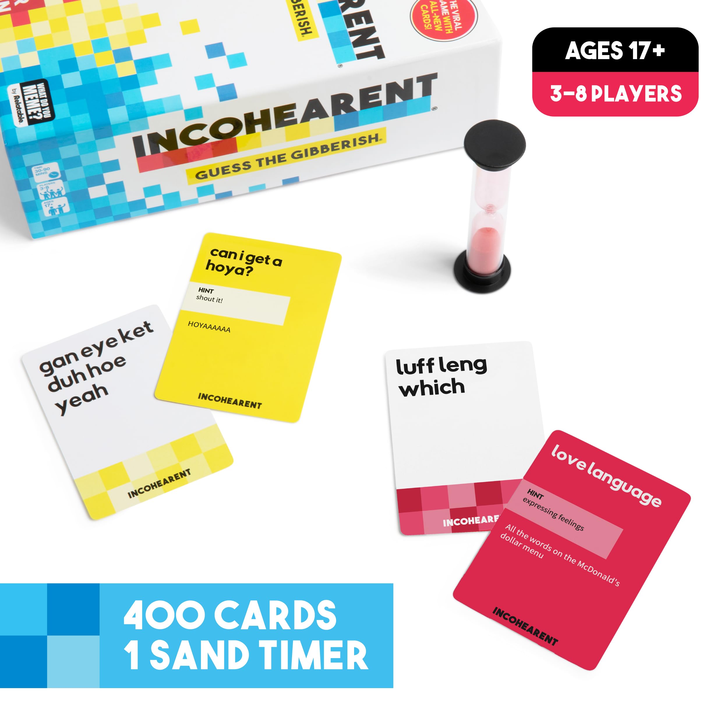 Incohearent, The Guess the Gibberish Party Game by Relatable, A Funny Card Game for Adults, Great for Christmas Party Games and Hanukkah Gifts, Includes 400 Cards, Instructions, and 1 Sand Timer