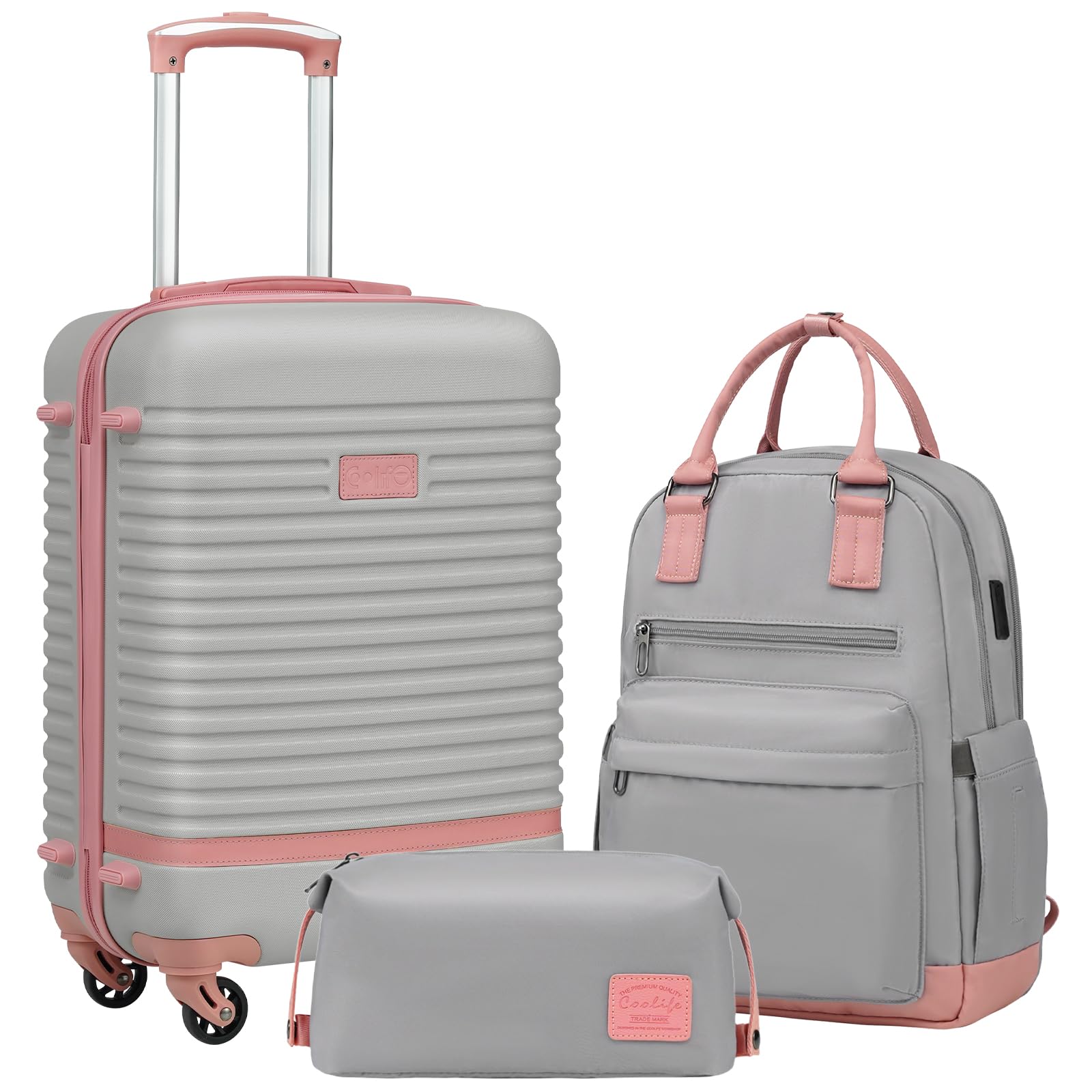 Coolife Suitcase Set 3 Piece Luggage Set Carry On Travel Luggage TSA Lock Spinner Wheels Hardshell Lightweight Luggage Set(Gray+Pink, 3 piece set (BP/TB/20))