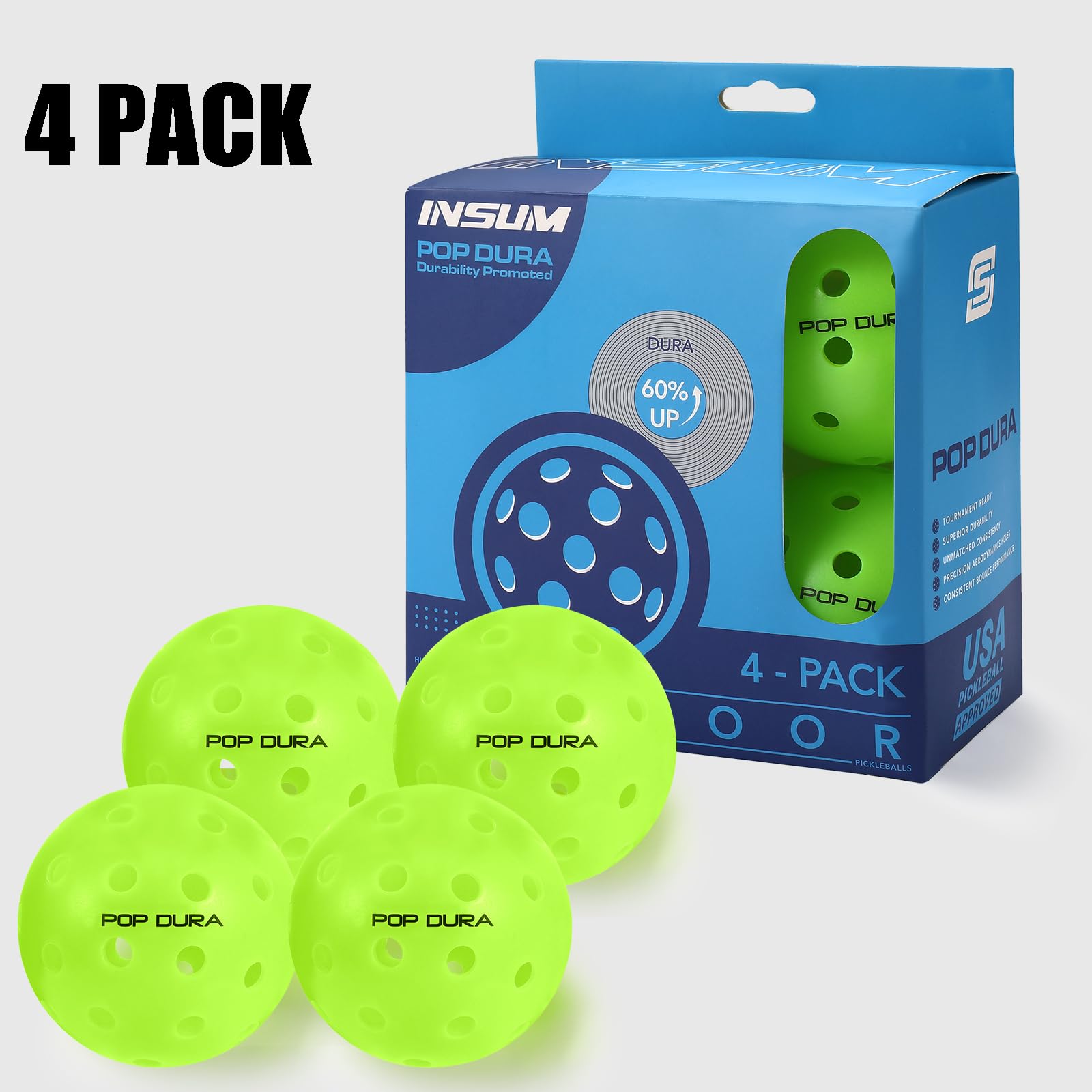 insum POP DURA,POP FAST 4Pack & 12 Pack Pickleballs Balls, High Performance Outdoor Pickleballs | USAPA Approved Tournament Play | Rotational Molded Durable Tech