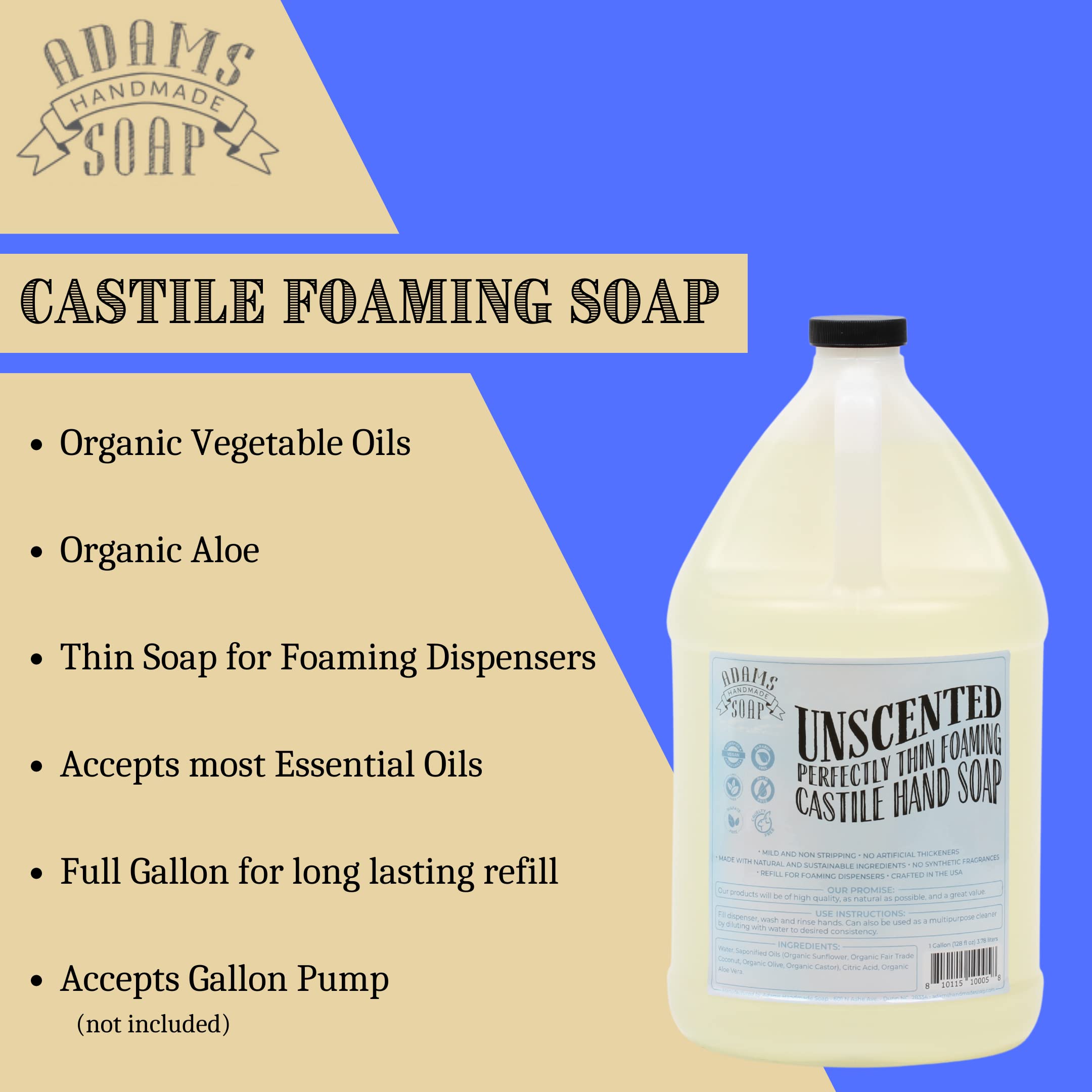 Adams Handmade Soap Thin Castile Foaming Liquid Hand Soap 1 Gallon Refill - Unscented