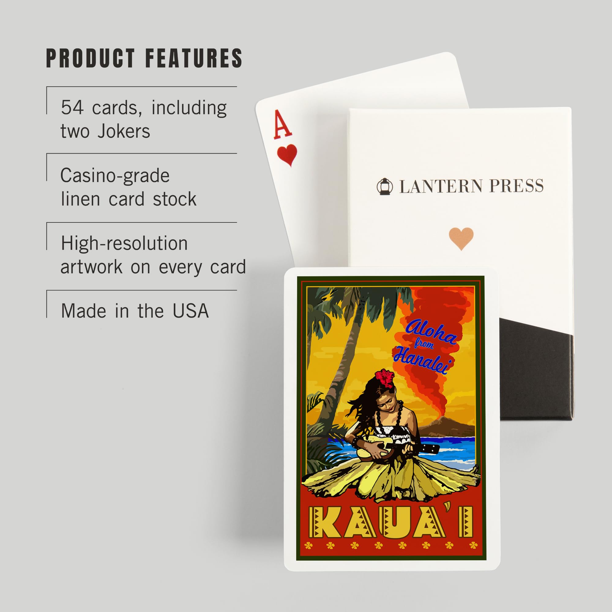 Lantern Press Kauai, Hawaii, Aloha from Hanalei, Hula Girl and Ukulele (52 Playing Cards, Poker Size Card Deck with Jokers)