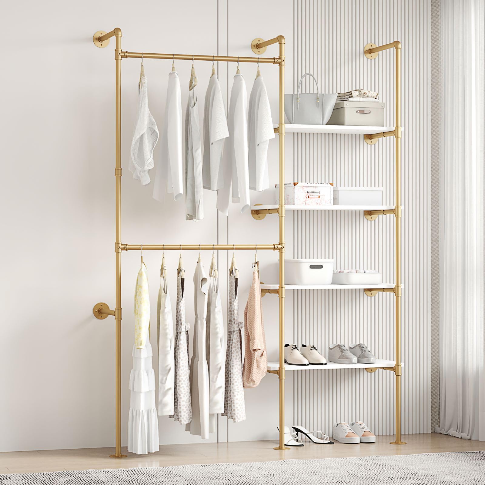 Woskar Industrial Pipe Clothing Rack, Hanging Rods Clothes Rack with Shelves, Clothes Rack for Wardrobe, Corner Closet System for Walk in Closets (Gold, II-4Tier)