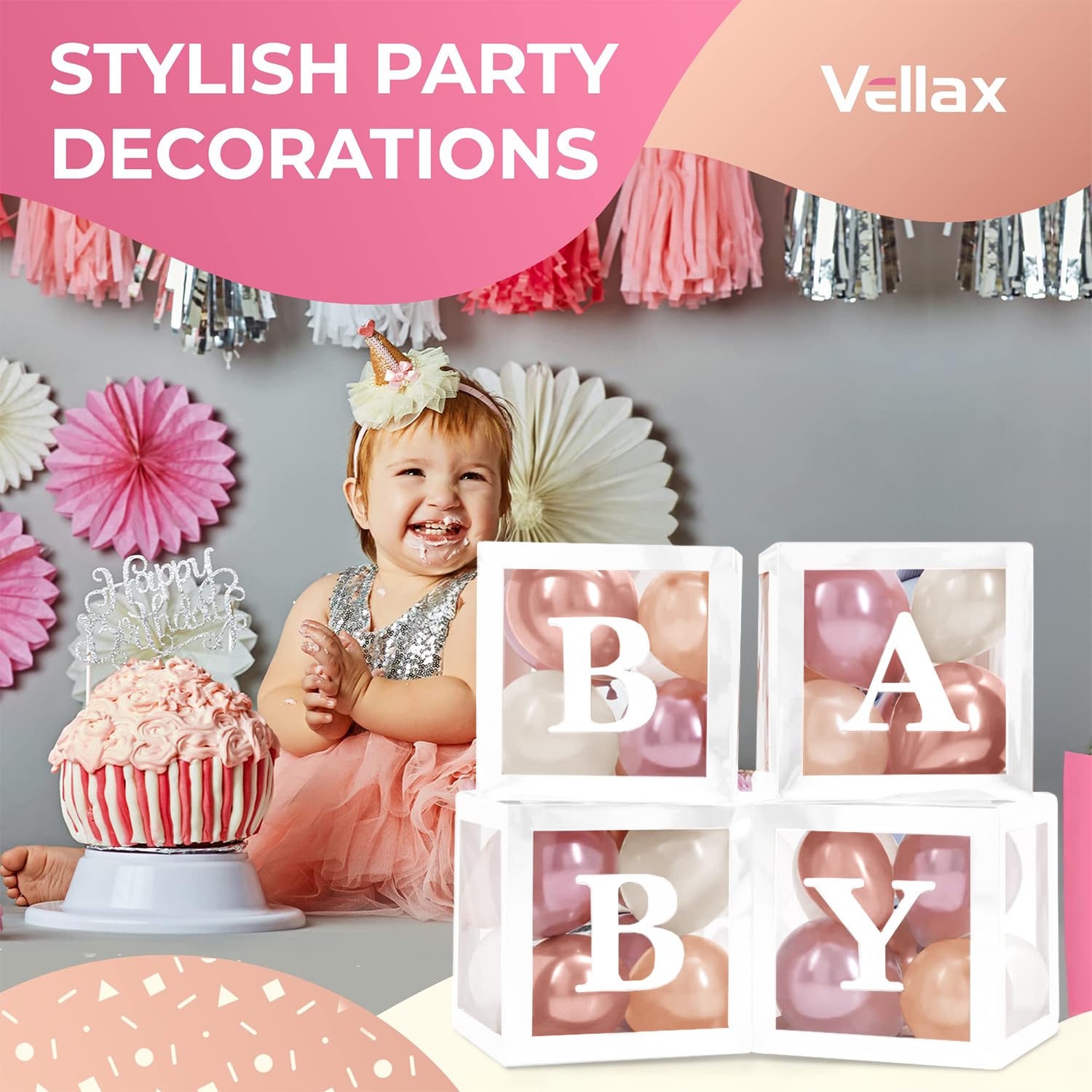 Balloon Garland Arch Kit – 146 Pcs Dusty Pink Balloons & Baby Shower Boxes with Letters – White Boxes with Rose Gold, Dusty Pink, Sand & White Balloons