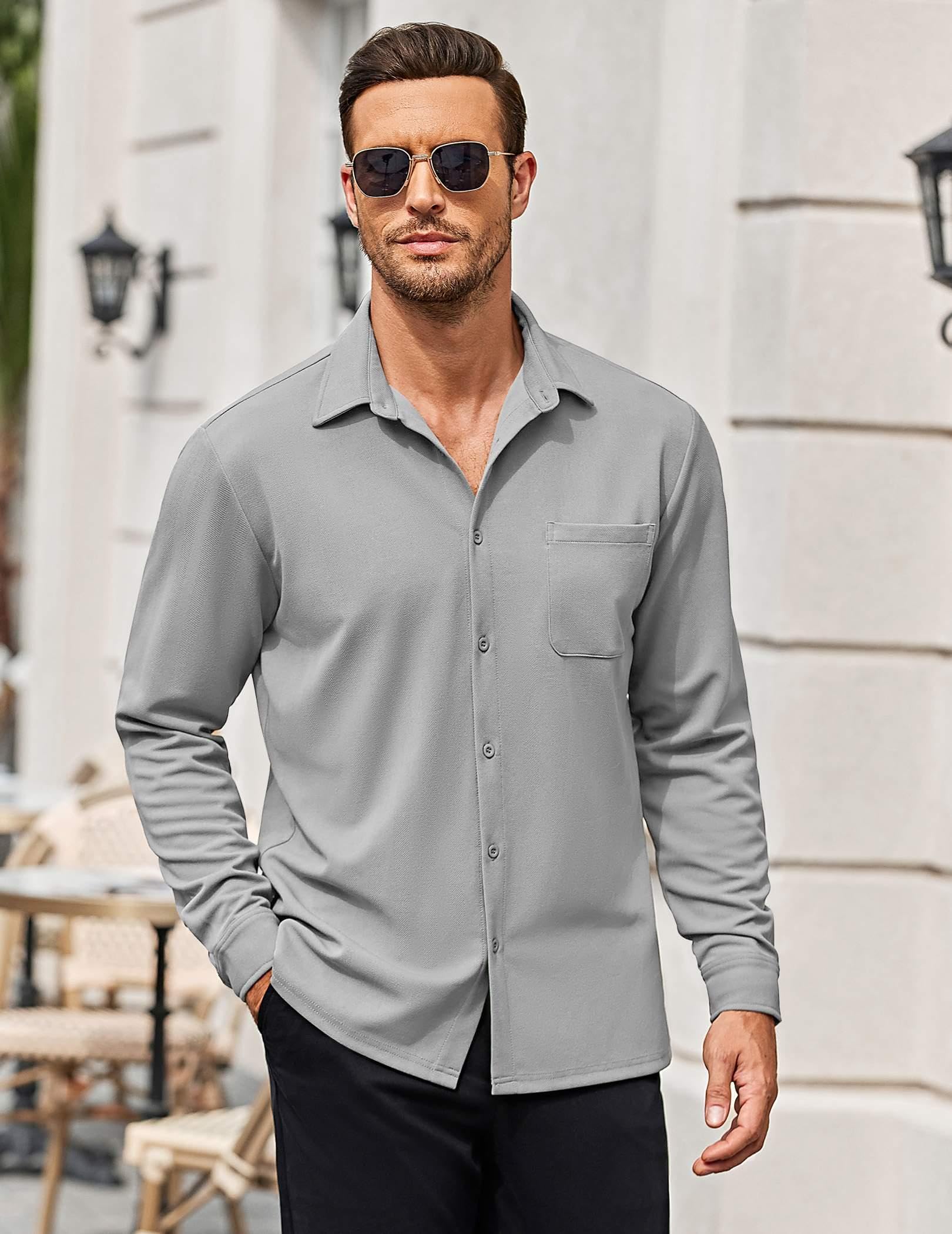 COOFANDY Mens Casual Long Sleeve Shirts Fitted Dress Shirts Light Grey Small