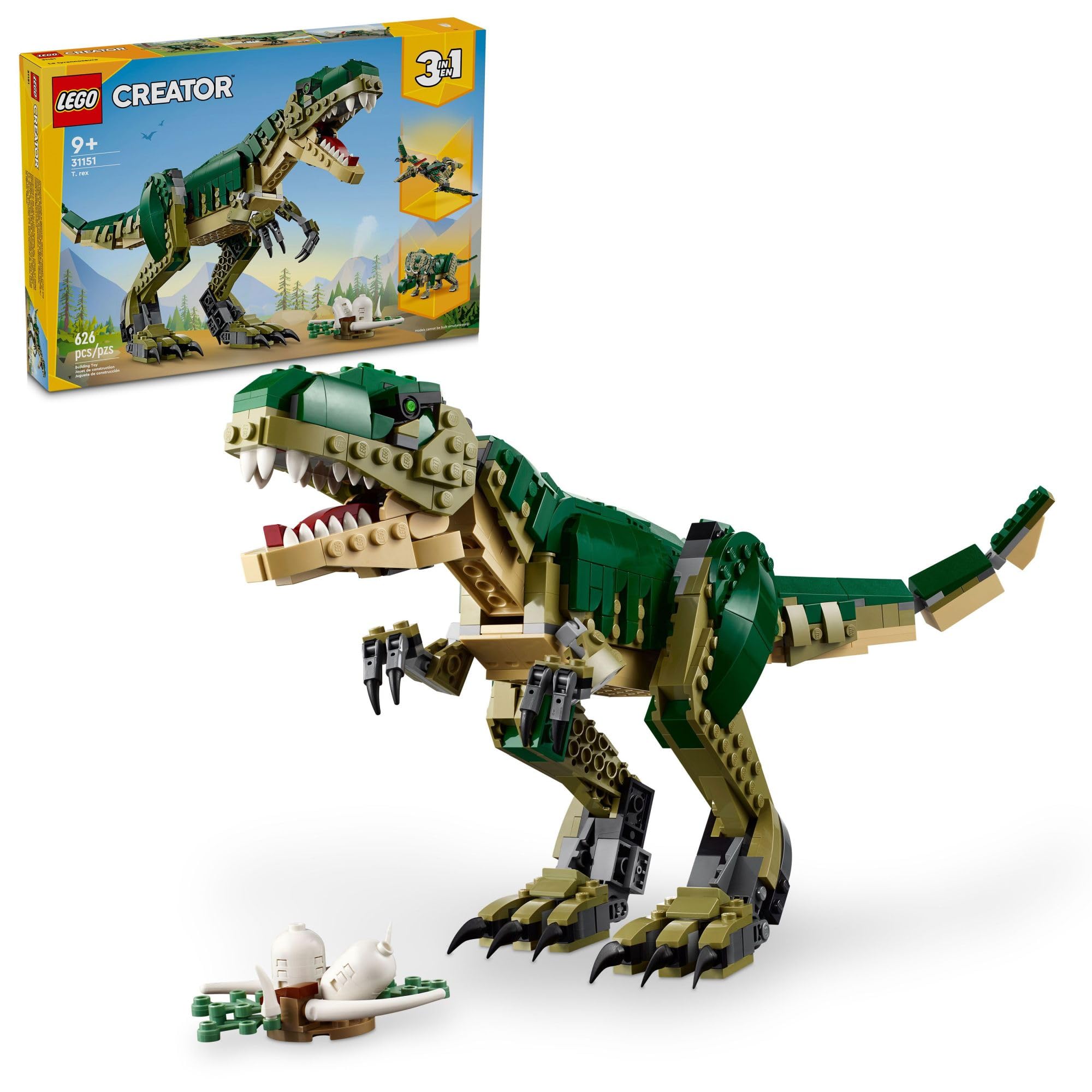 LEGO 3in1 T Rex Toy - Dinosaur Toy Building Set for Kids, Boys & Girls, Ages 9+ - 3 Building Options, Transforms from T-Rex to Triceratops to Pterodactyl - Gift Idea for Christmas, Birthdays - 31151
