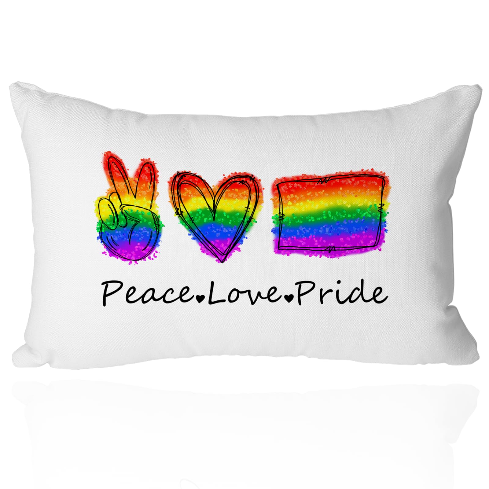 Valentine's Day Rainbow Pride Pillow Cover 12x20 Inch - Peace Sign, Heart, and Flag Design - Inclusive Love Celebration Cushion Case for Sofa and Couch Decor