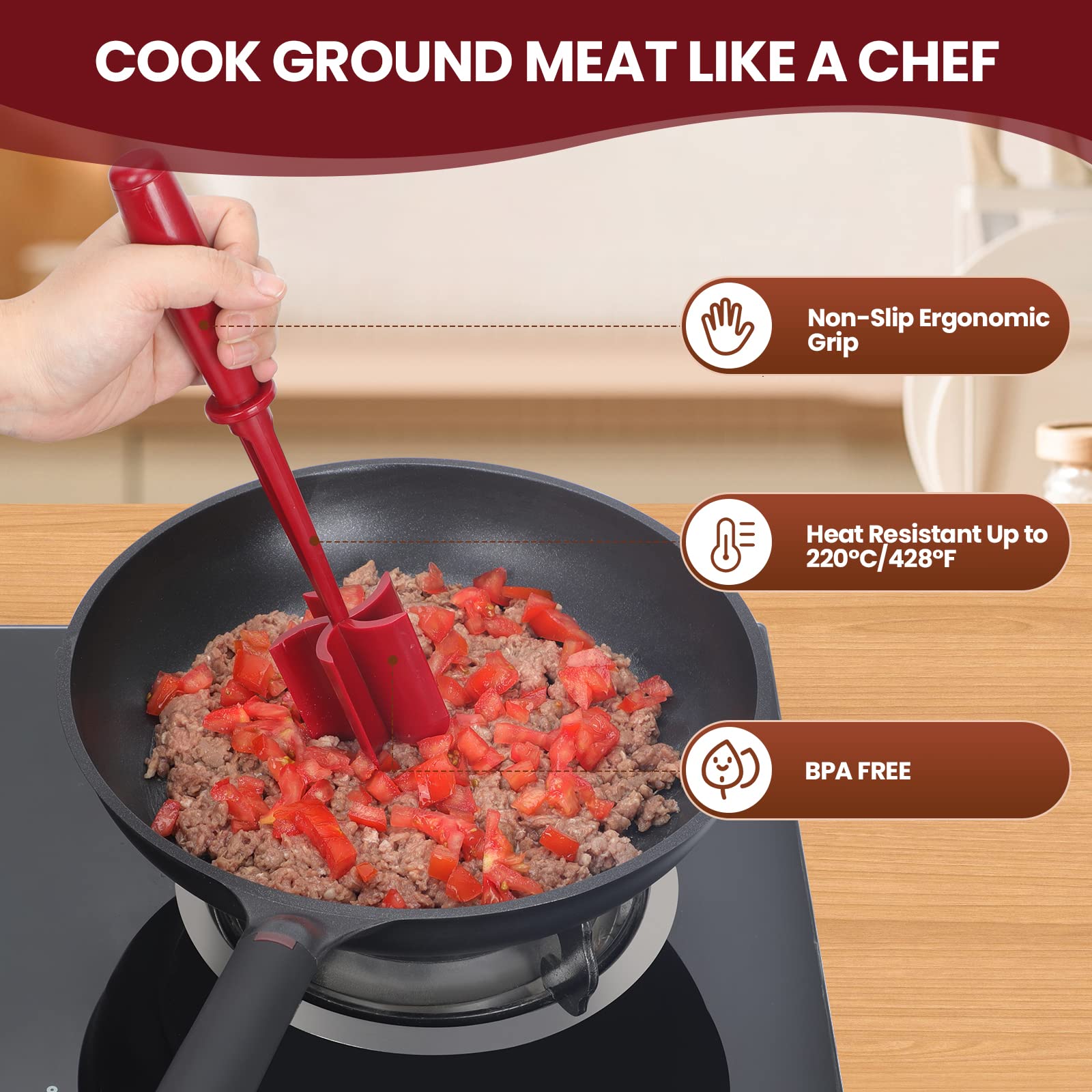 CUNSENR Premium Meat Chopper for Ground Beef - Heat Resistant Meat Masher - Kitchen Tools & Gadgets - Durable Ground Beef Smasher - Non Stick Hamburger Chopper - Cook Ground Meat with Ease(Red)