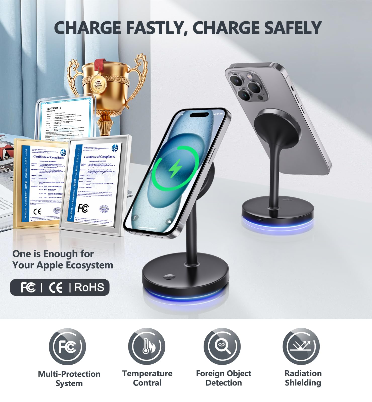 2 Pack Mag-Safe Charger Stand 15W Magnetic Wireless Charging Station for iPhone 15 14 13 12 Pro/Pro Max/Plus/Mini Magnet Wireless Charging Station/Pad with LED Light for AirPods 3/2/Pro/Pro 2