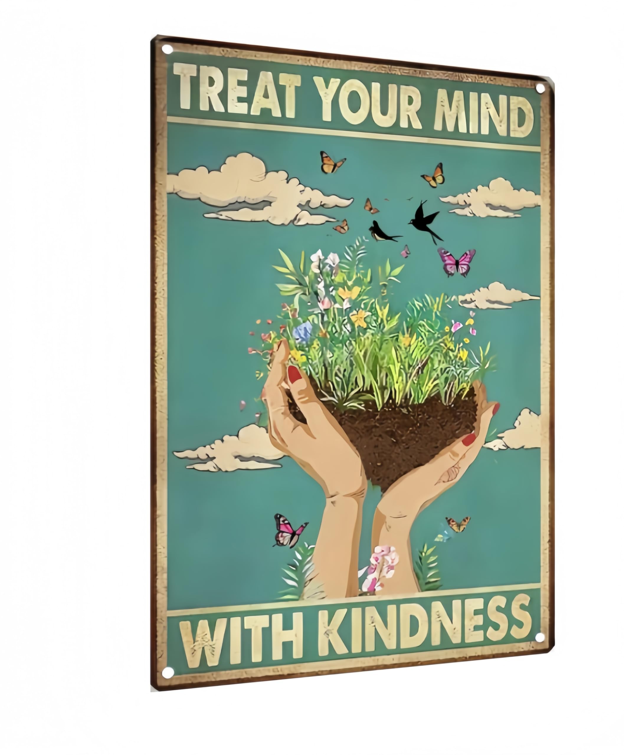 Carastora Vintage Tin Wall Sign – Treat Your Mind With Kindness Quote, Retro Metal Plaque for Bedroom, Office, Meditation Room or Café Decor, 8x12 Inch