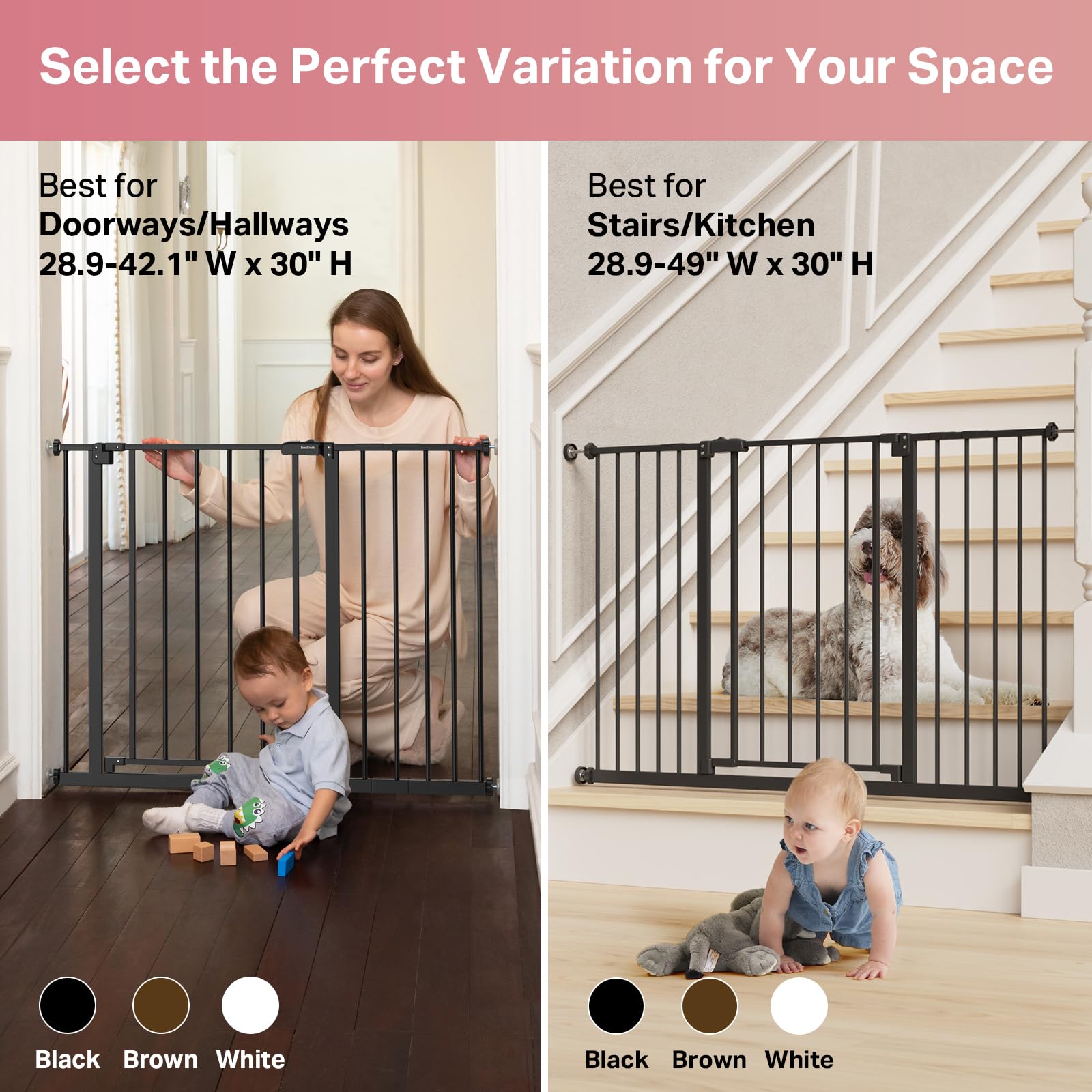 Mom's Choice Award-InnoTruth Dog Gate for Stairs, 28.9-42.1" Wide Baby Gate Indoor for Doorways, 30" Tall Pet Gate for Dogs Easy Walk Thru One Hand Opeing Dual Lock, Pressure Mount Easy Install, Black