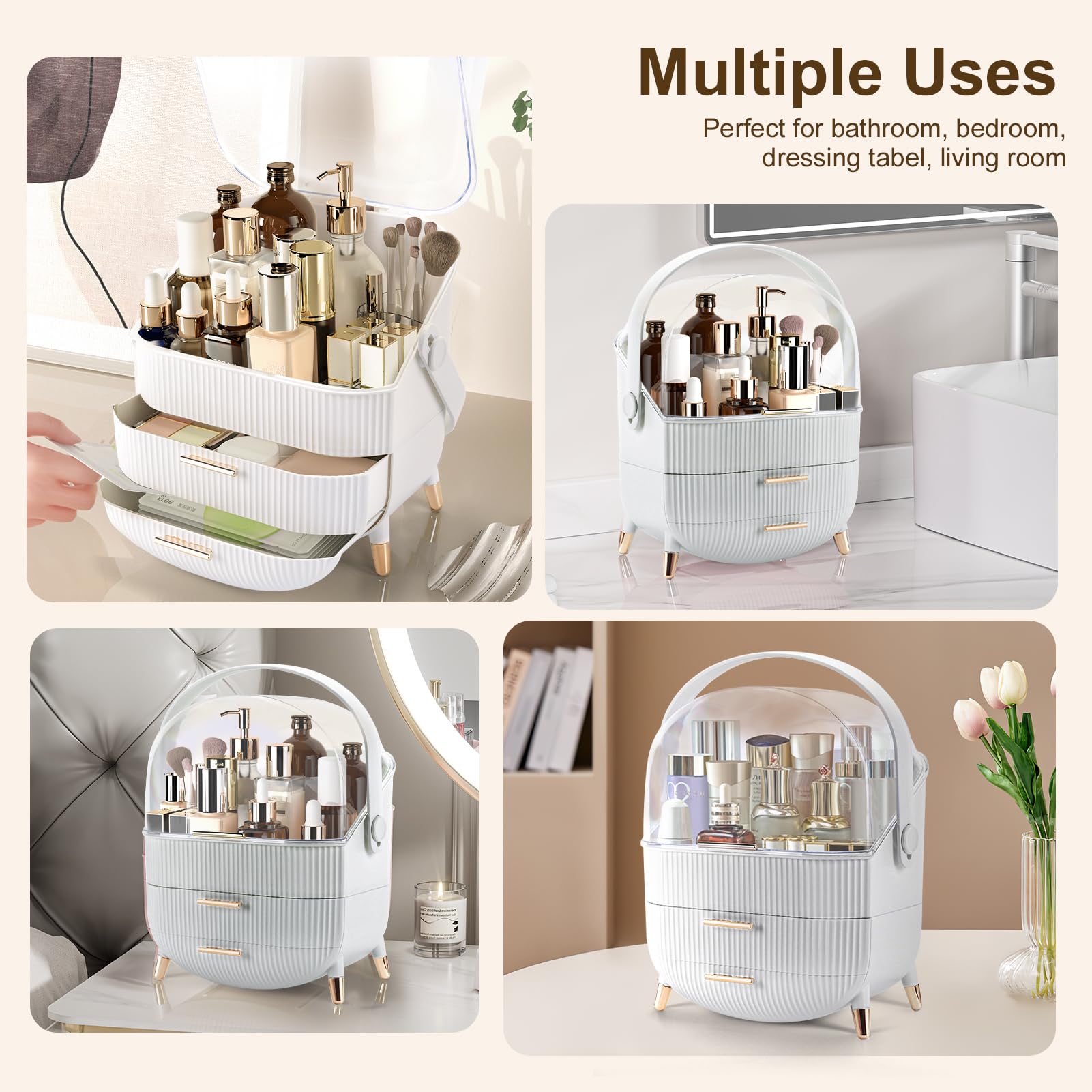 Makeup Organizer for Vanity, Make up Organizers and Storage, Cosmetics Skincare Organizers with Lid and Drawers, Cosmetic Display Cases for Countertop, Bathroom, Dresser, Ideal Gifts for Women(White)