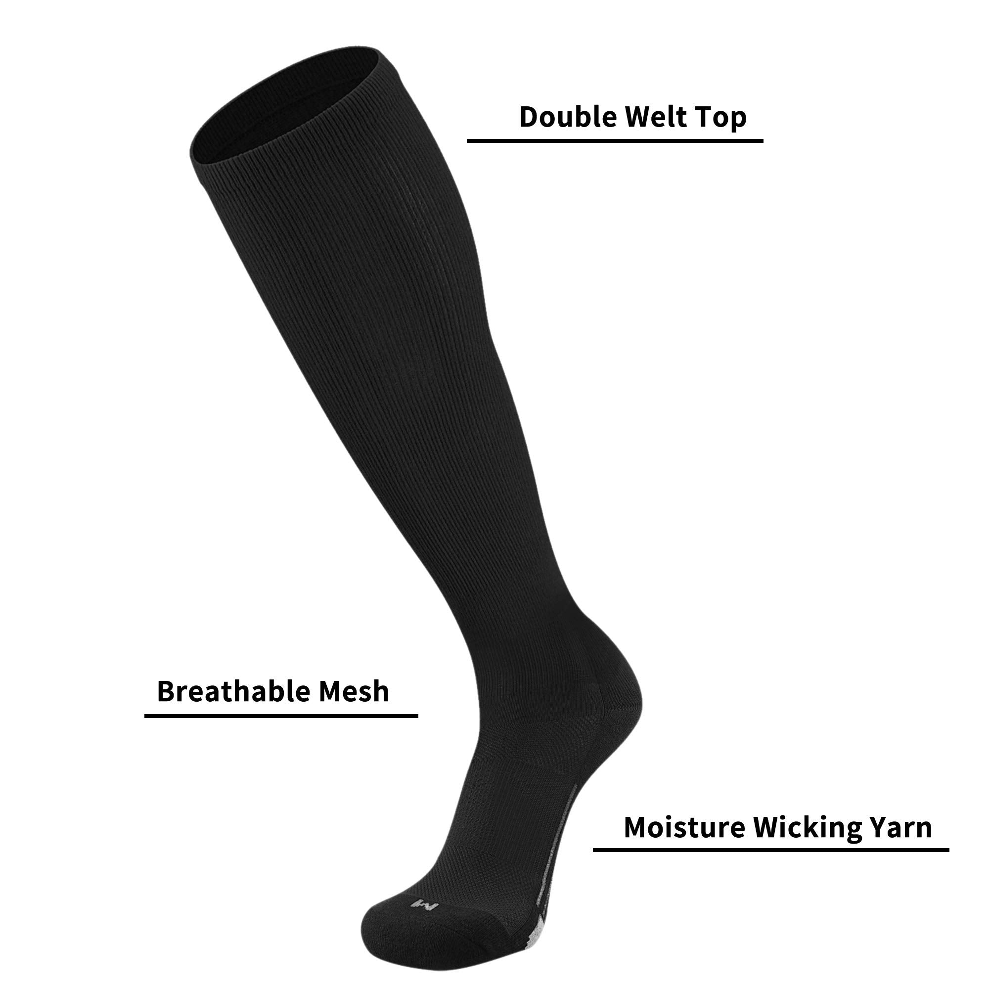 Youper Youth Baseball & Softball Socks Over The Calf Length (2 Pairs) (Black, Medium)