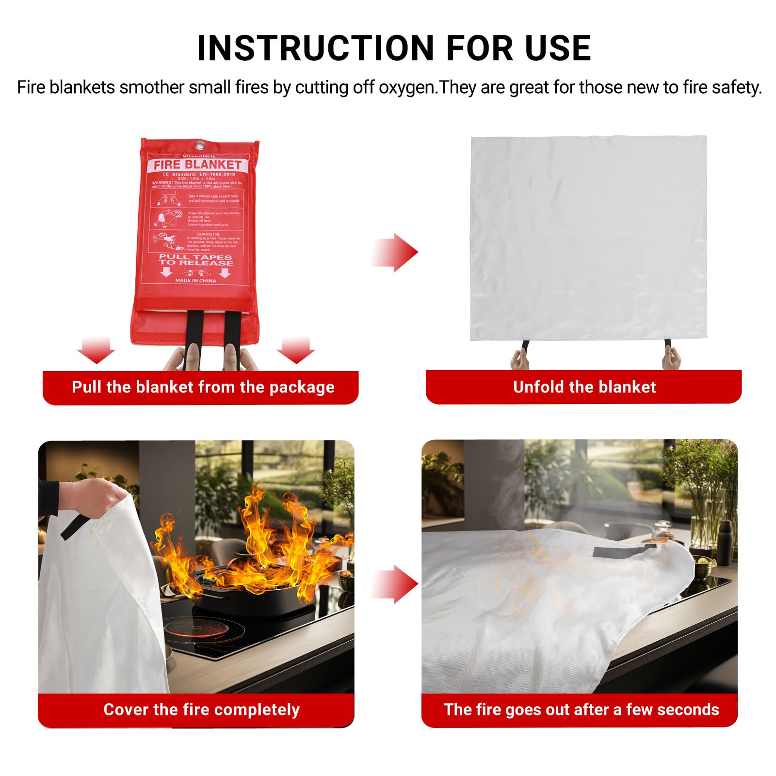 VitaPolaris Heavy-Duty Emergency Fire Blanket - 2 Pack - 40"x40" Fire Suppression Blanket, Flame Retardant Fiberglass for Home, Kitchen, Grill, Car, Camping, Survival, Fire Safety