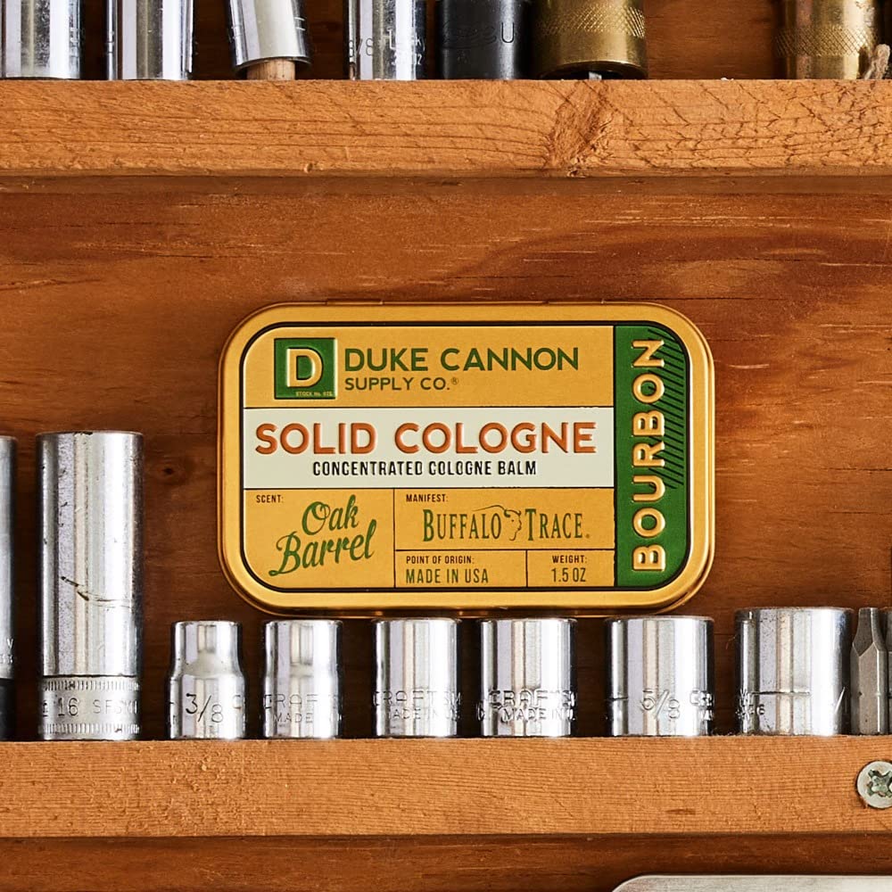 Duke Cannon Supply Co. Solid Cologne for Men Bourbon (Woodsy, Charred Oak Barrel Scent) - Concentrated Balm, Travel-Friendly Convenient Tin, 1.5 oz