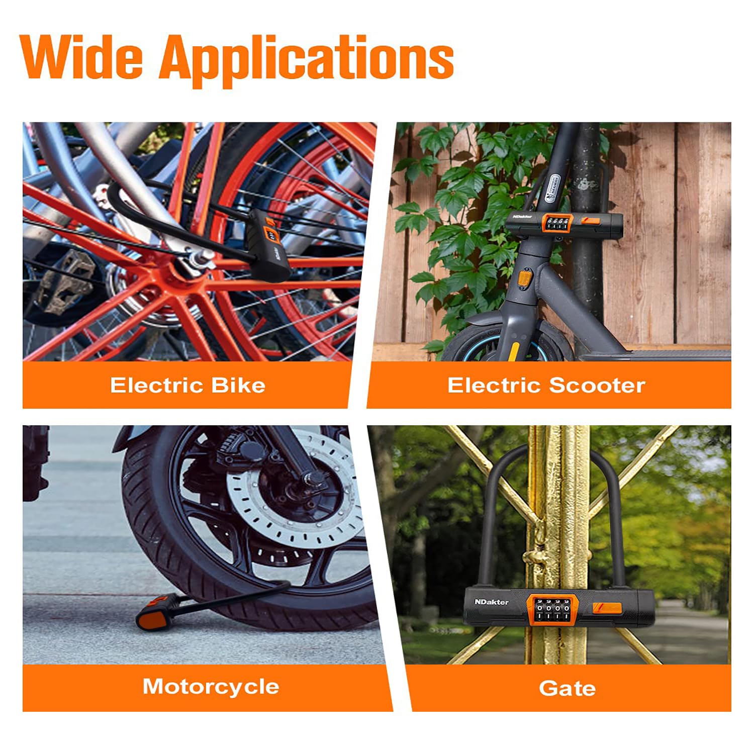 NDakter Bike Locks Heavy Duty Anti Theft, Combo Bike U Lock, 4-Digit Resettable Combination Bicycle Lock, Large U Shaped Ebike Lock with 5Ft Steel Cable for Electric Bike, Escooter, Motorcycle,Door