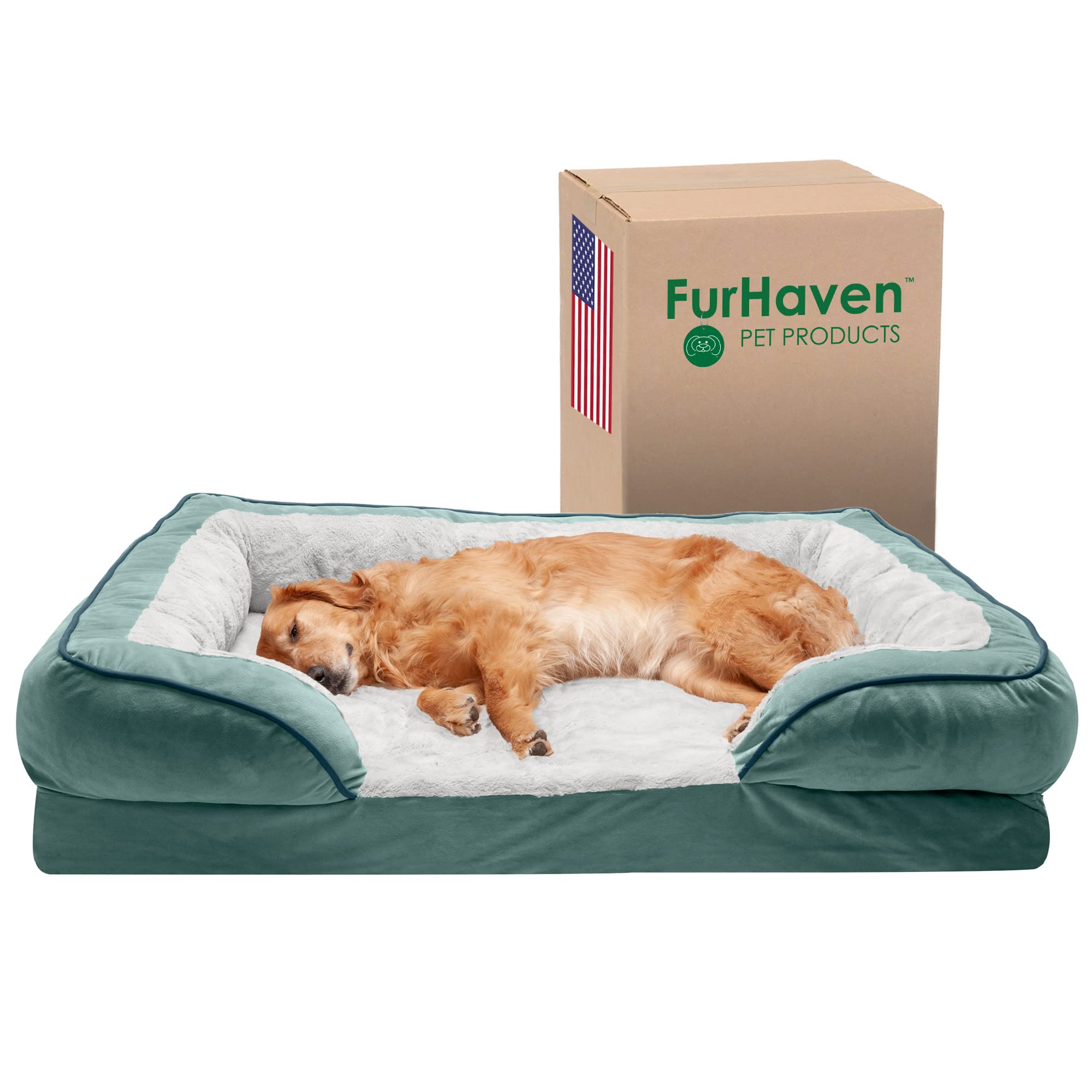 Furhaven Cooling Gel Dog Bed for Large Dogs w/ Removable Bolsters & Washable Cover, For Dogs Up to 95 lbs - Plush & Velvet Waves Perfect Comfort Sofa - Celadon Green, Jumbo/XL, 40.0" x 32.0"x 9.5"