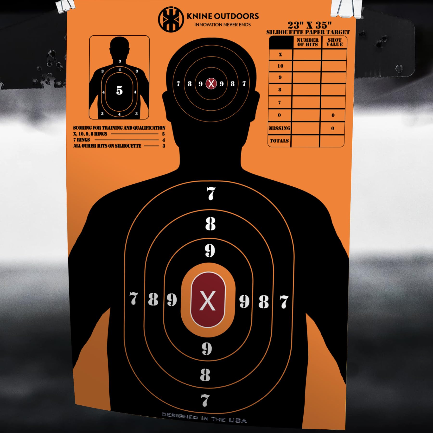 KNINE OUTDOORS Shooting Paper Targets for Shooting Range, 23 x35 inch, Bulk for Hunting, Handguns, Pistols, Rifles, Silhouette with Red Bullseye, Orange Design (10 Pack)