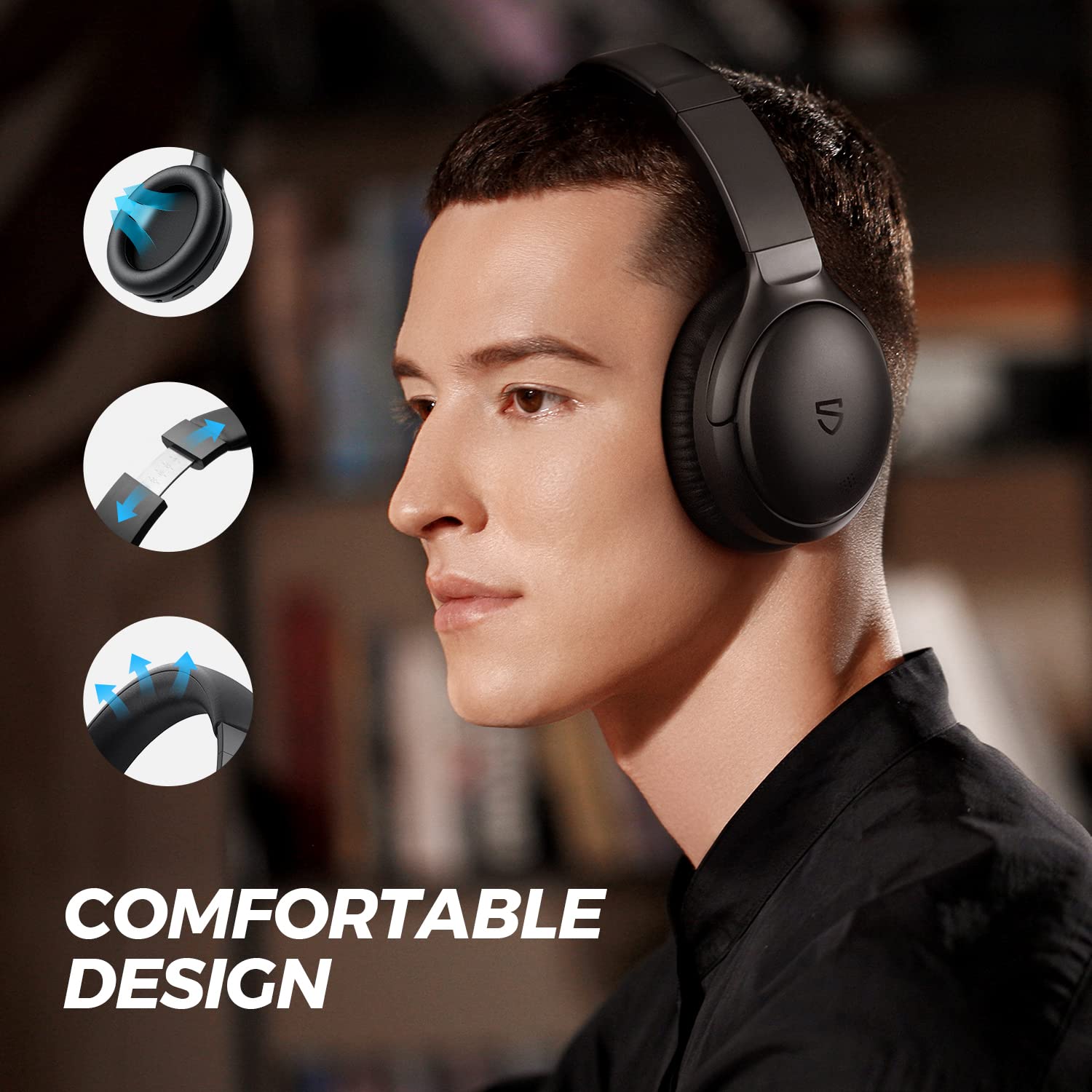 SoundPEATS A6 Hybrid Active Noise Cancelling Headphones, Bluetooth Over Ear Headphone Wireless Earphones, Premium Sound, 38 Hrs Playtime, Memory Foam Earcups, Foldable Design for Travel Home Office