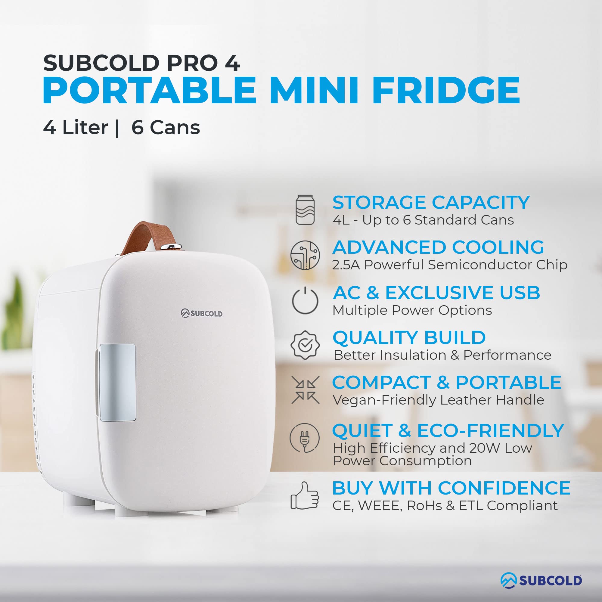 Subcold Pro4 Luxury Mini Fridge Cooler 4 Litre / 6 Cans AC & Exclusive USB ECO Power Option | Portable Small Refrigerator For The Office, Bedroom, Car, Travel, Skincare & Cosmetic (White)