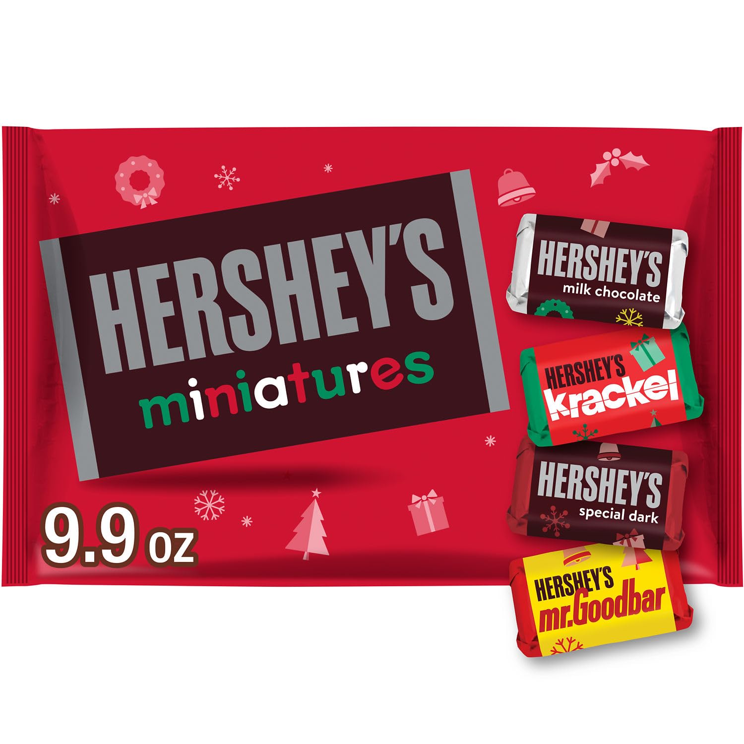 HERSHEY'S Miniatures Assorted Chocolate, Christmas Stocking Stuffer Candy Bag, 9.9 oz