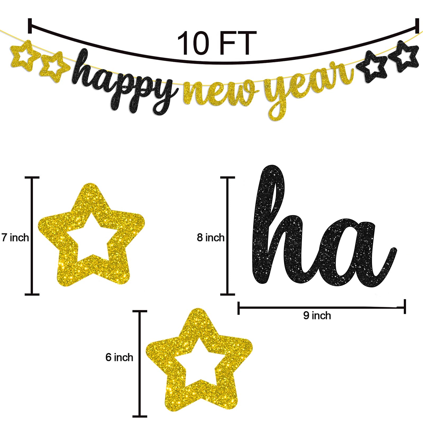 Black Gold Glittery Happy New Year Banner Paper Star Bunting Hanging Garland for New Year Theme Party Decoration