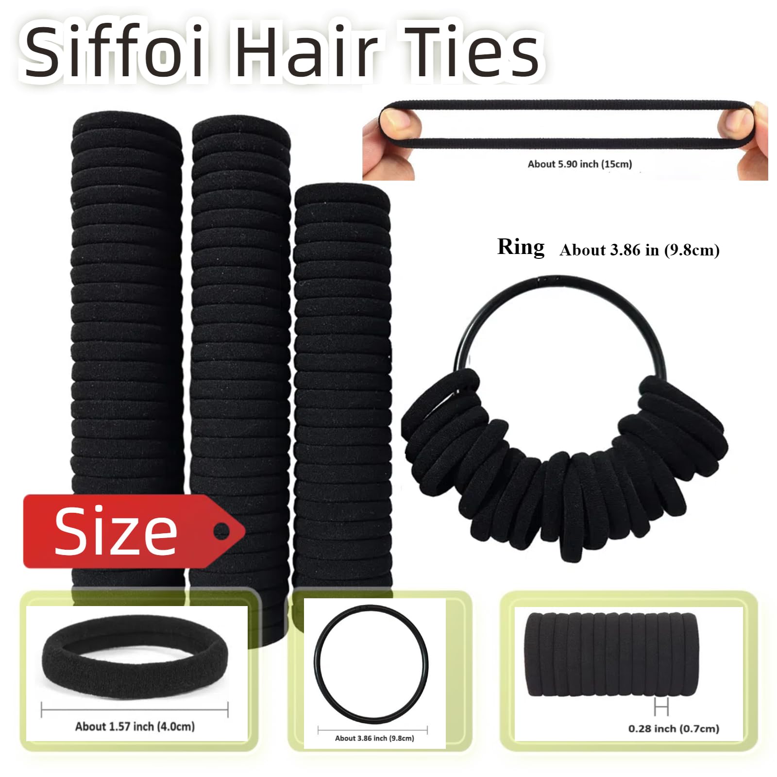 SIFFOI Soft Hair Ties, Black Cotton Seamless Hair Tie with Free Organizer Ring, Premium Hair Bands for Women, Men and Girls (100, BLACK)