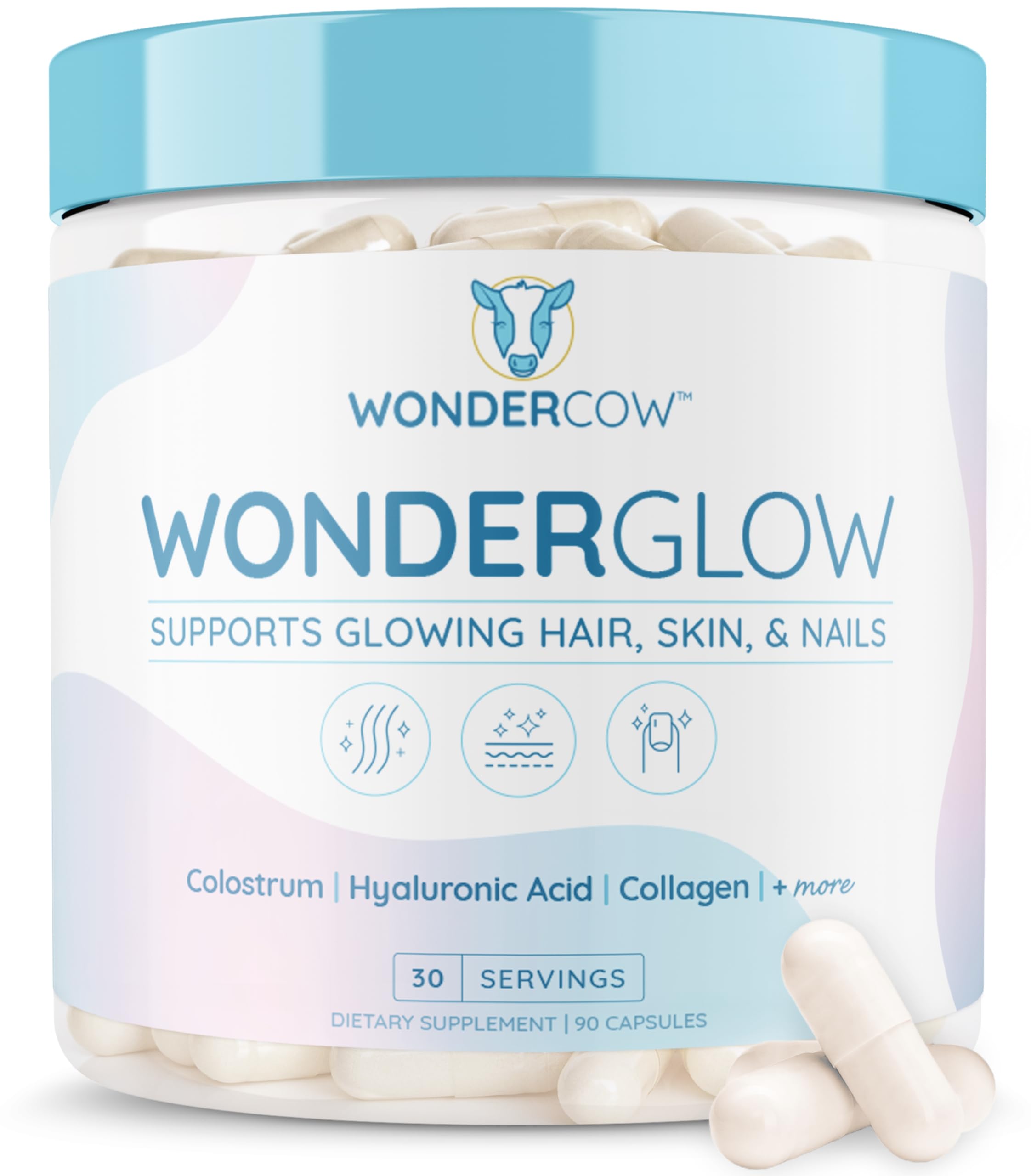 WONDERCOW Hair Skin and Nails Vitamins w/Bovine Colostrum, Collagen, Hyaluronic Acid, Biotin, Zinc, & Lactoferrin┃Supports Faster Hair Growth, Stronger Nails and Glowing Skin (30 Servings, Capsule)