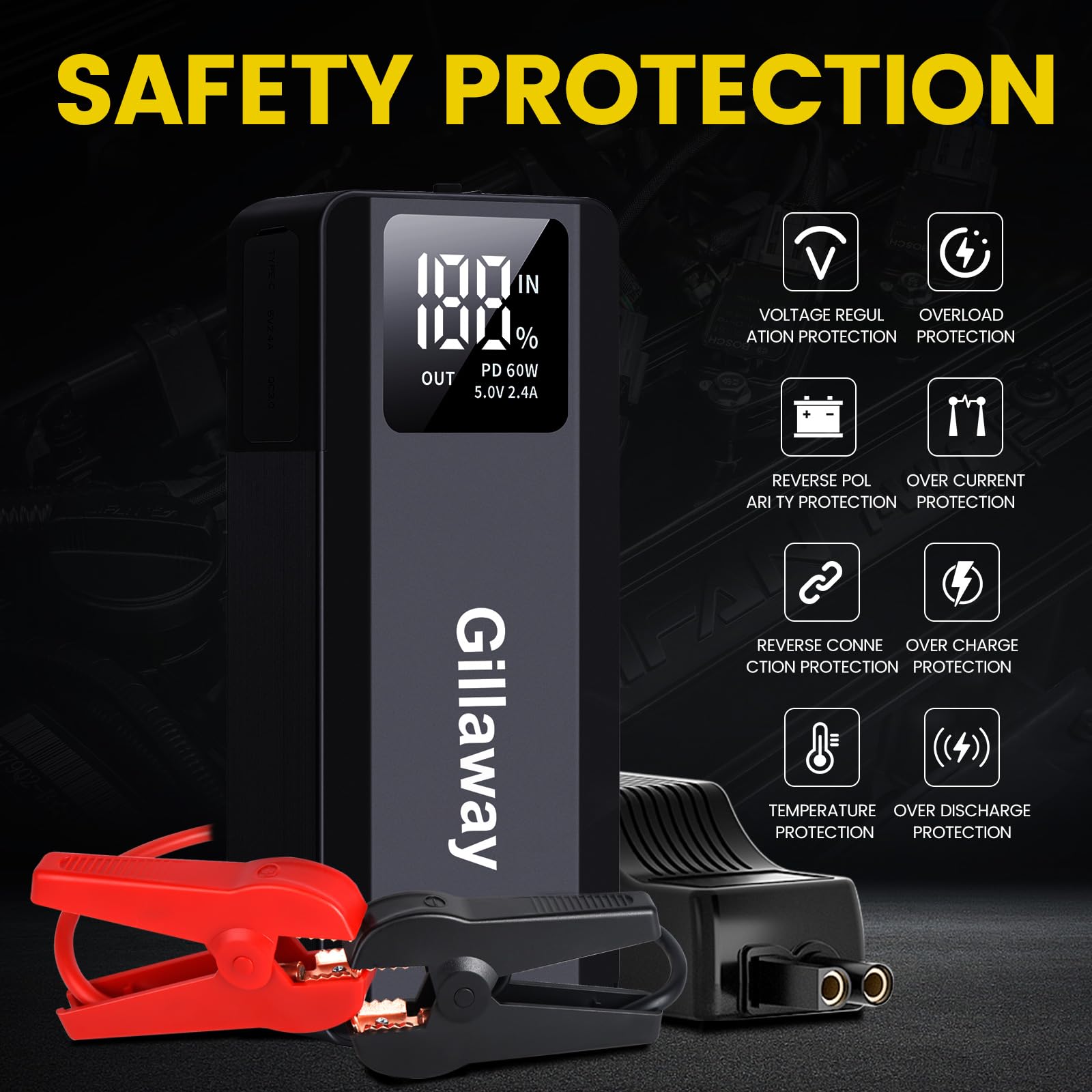 Gillaway 017 6000A Car Battery Jump Starter(for All Gas or up to 12L Diesel), Jump Starter Battery Pack up to 100 Jump Starts, Full-Screen Display and LED Light, QC3.0, Type-C, PD60W Fast Charging