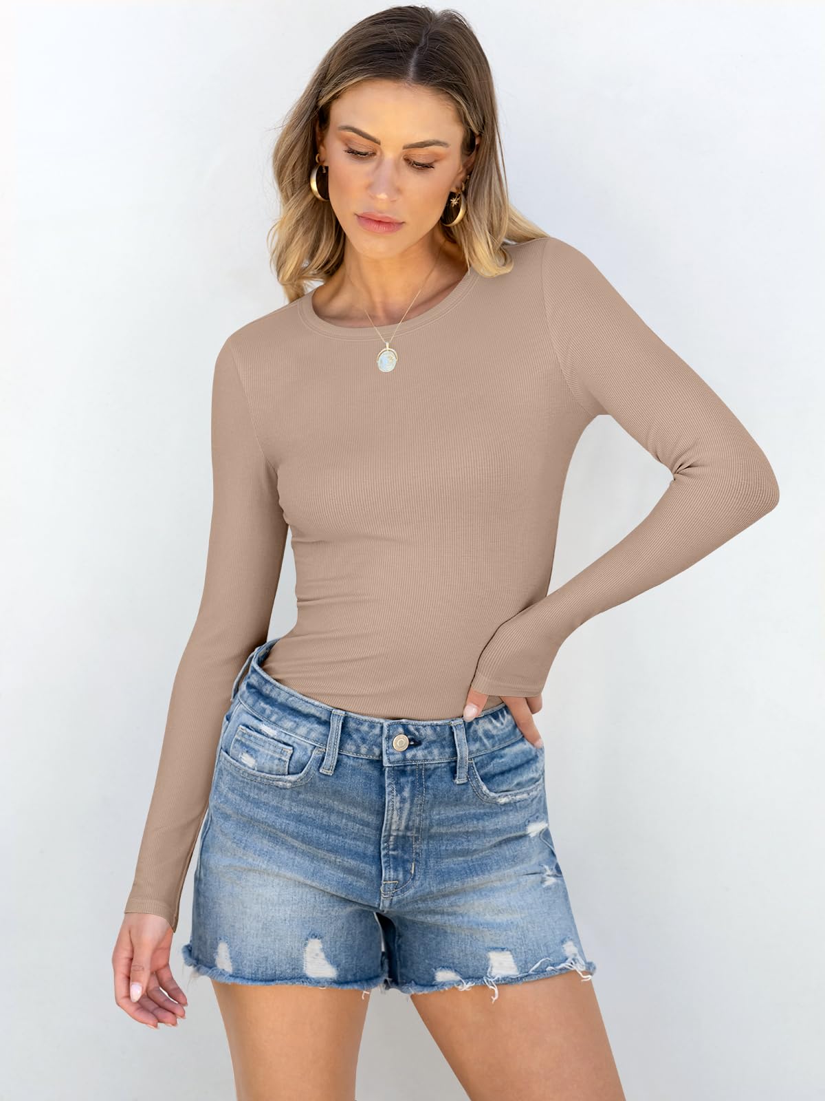 ANRABESS Women Long Sleeve Crewneck Rib Knit Slim Fit Shirts Basic Tee Tops 2024 Casual T-Shirt Going Out Workout Outfits Light Khaki Small