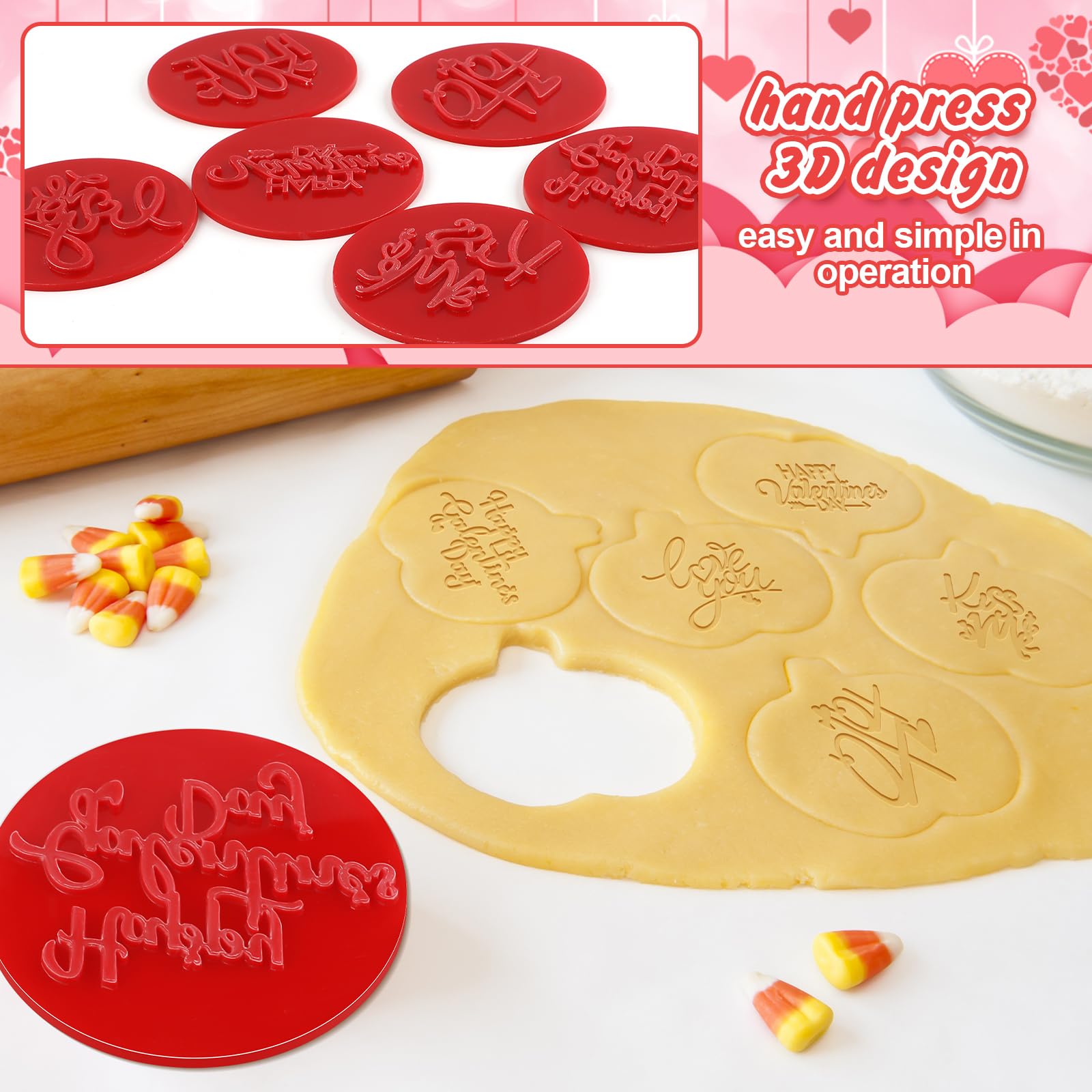 6 Pcs Valentines Day Cookie Stamp Fondant Embosser Set Valentines Day 3D Design Cookie Cutters Love You Cookie Stamp for Baking Cooking Biscuits Cake Wedding Party Decorating Tools