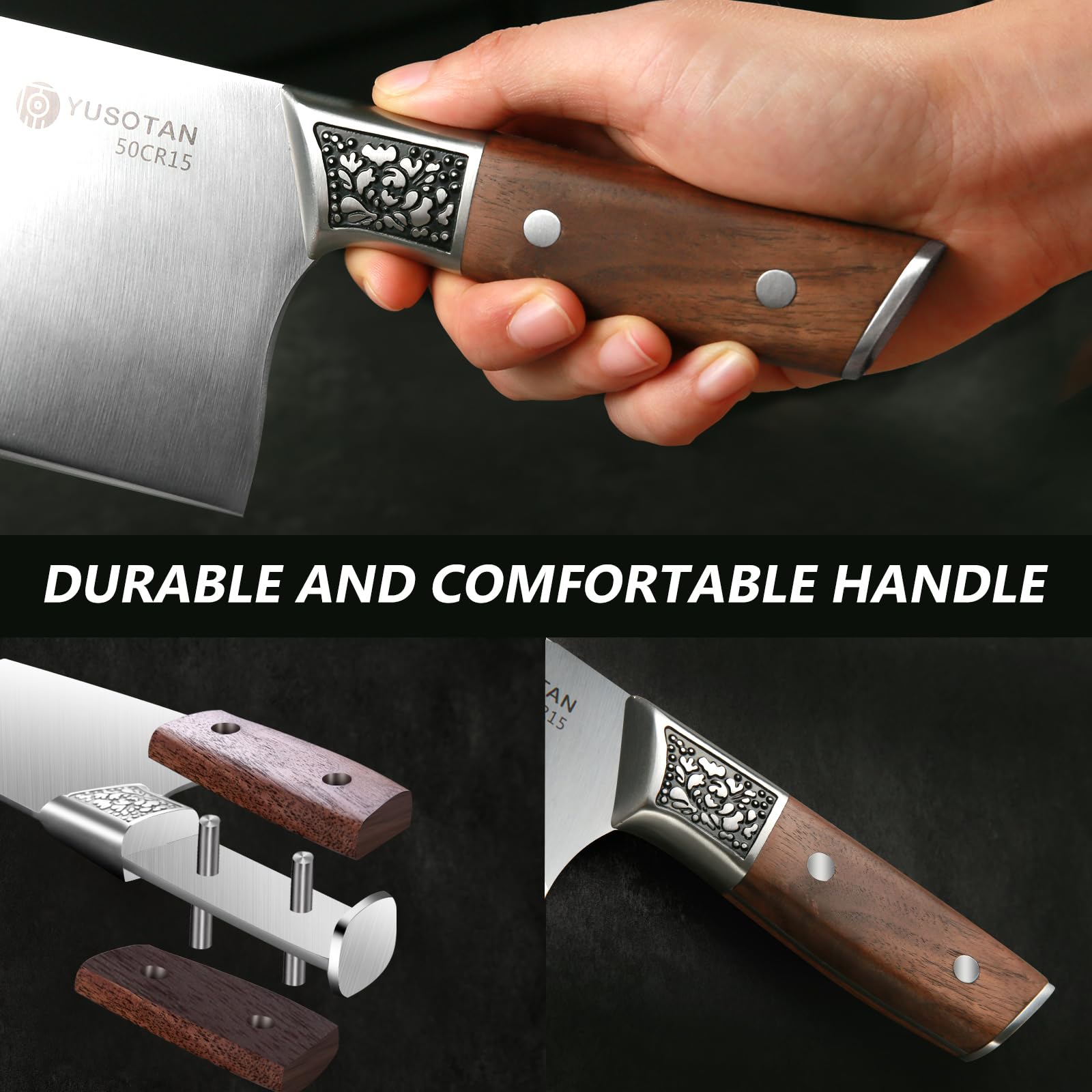 YUSOTAN Butcher Knife, 7-inch Sharp Japanese Chef Knife, Dual Purpose Cutting and Chopping, Japanese High Carbon Steel (50CR15) Cleaver Knife with Walnut Handle - Vegetable Knife in Gift Box