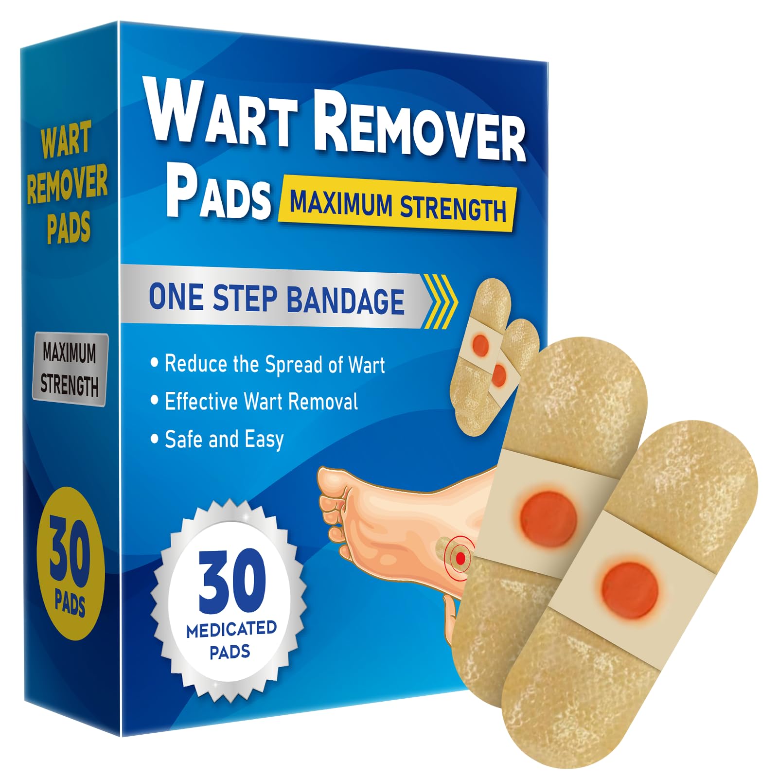 WABRINY Wart Remover Pads, Maximum Strength One Step Bandages for Hands Neck Feet Fingers, 30 Treatments-2W