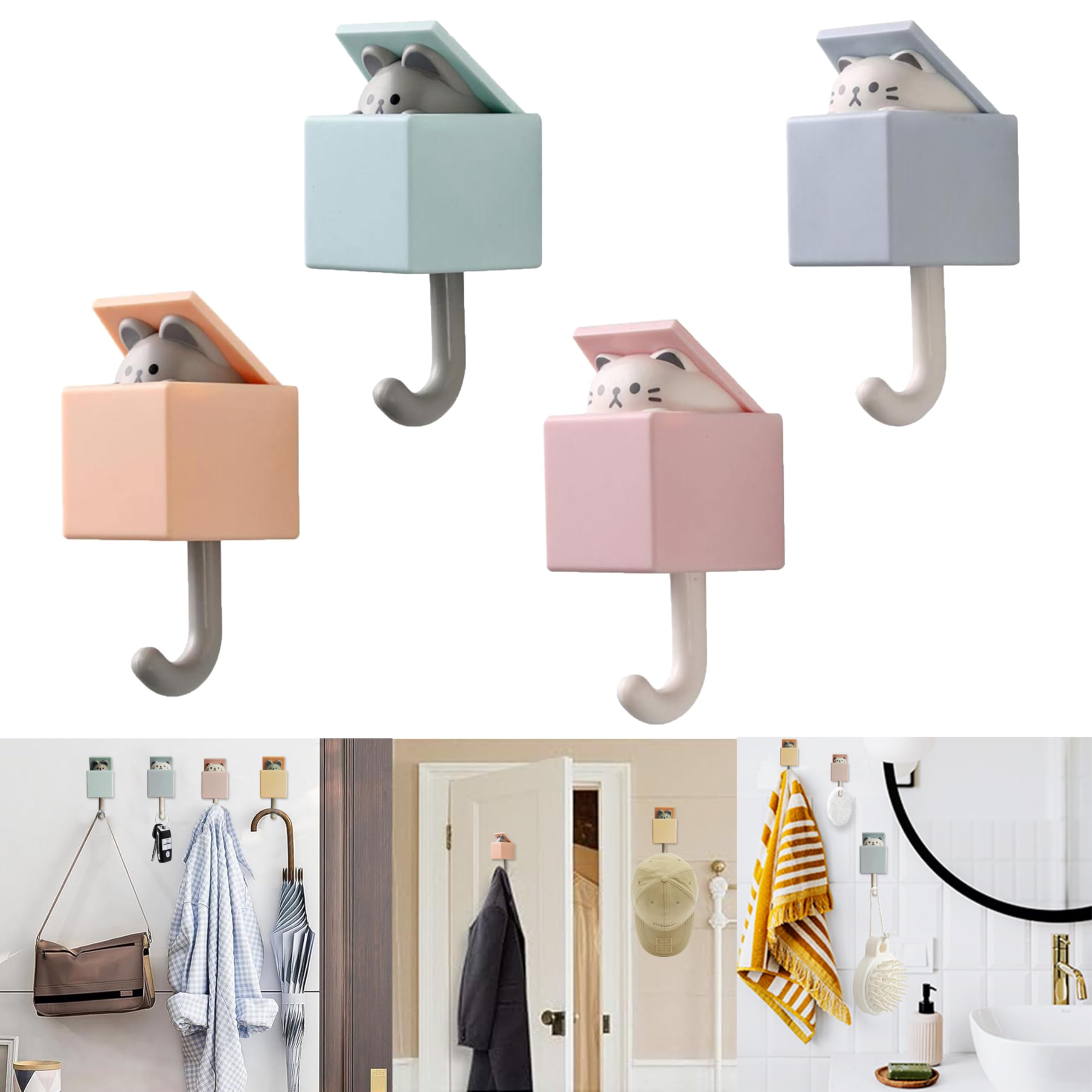 4 Pcs Cute Self Adhesive Hooks for Hanging Heavy Duty Wall Hooks,Utility Cat Hook for Towel,Coat,Hat,Bag,Key Hook for Wall and Door,Creative Pet Decorative Hooks for Living Room,Bathroom,Bedroom