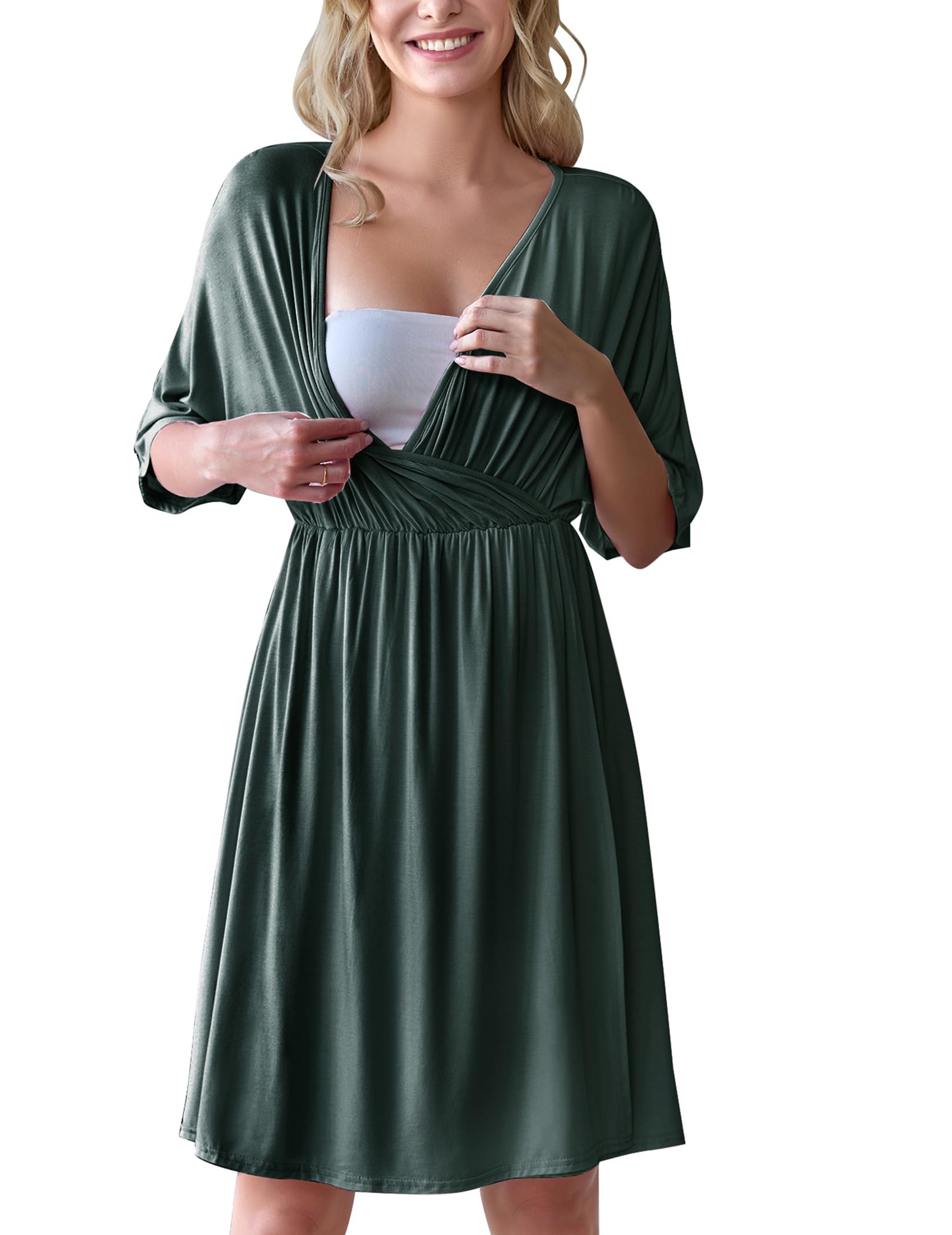 Ekouaer 3 in 1 Labor/Delivery/Hospital Gown Maternity Dress Nursing Nightgown Sleepwear for Breastfeeding, Dark Green, Medium