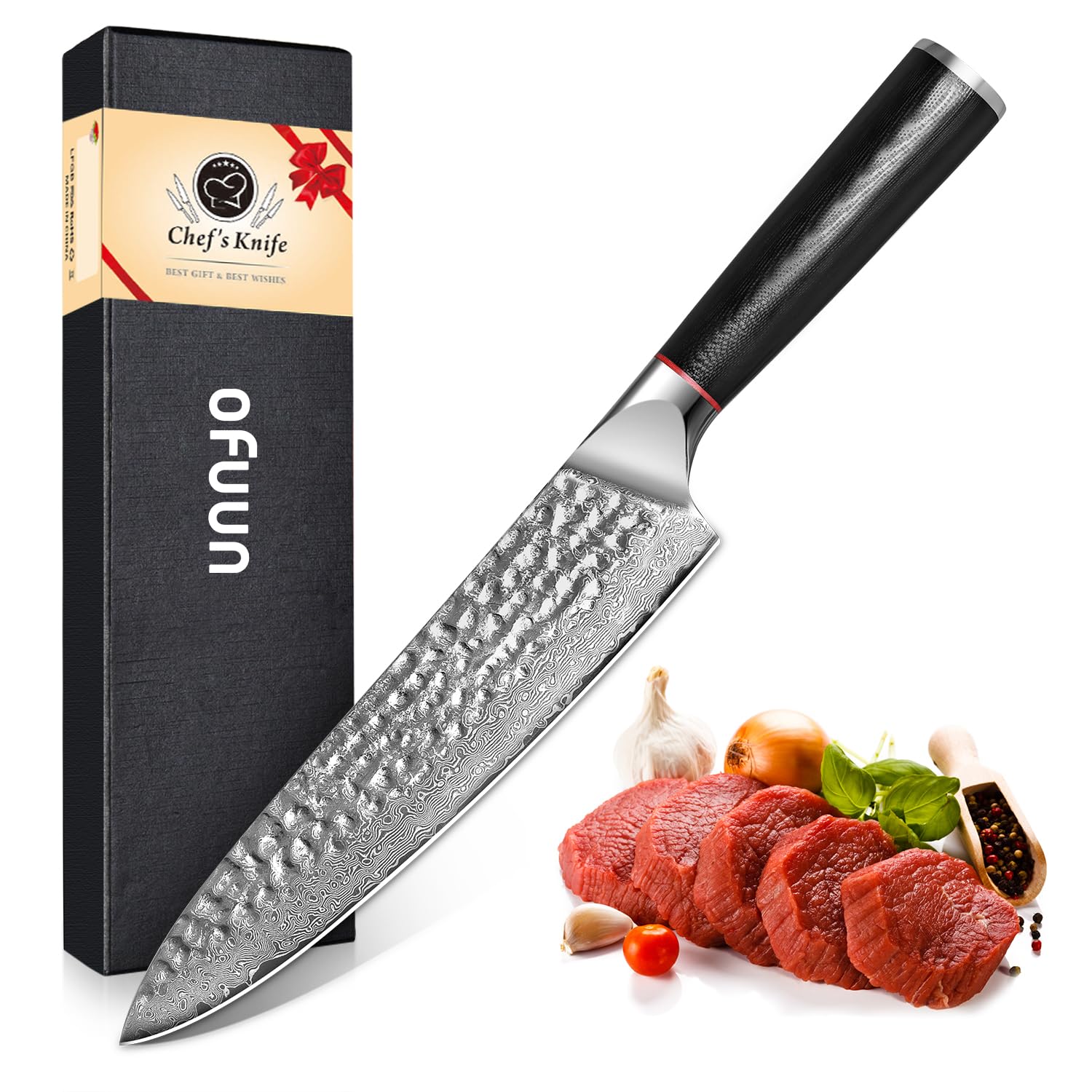 oFuun Chef Knife, 8 Inch Damascus Kitchen Knife, Professional Japanese VG-10 High Carbon Stainless Steel Kitchen Cooking Knife - G10 Ergonomic Handle with Gift Box (CW0)