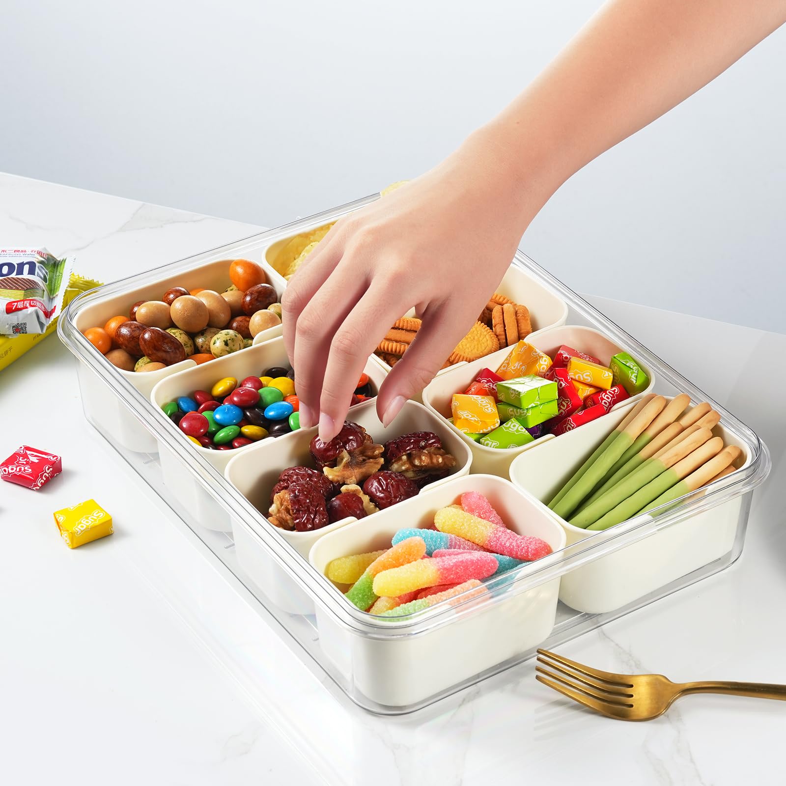 Snackle Box Container Divided Serving Tray with Lid and Handle 8 Compartment Snack Container Fruit Tray White Snack Box Container Snackle Box Charcuterie Container for Fruits, Nuts, Cookies, Candies