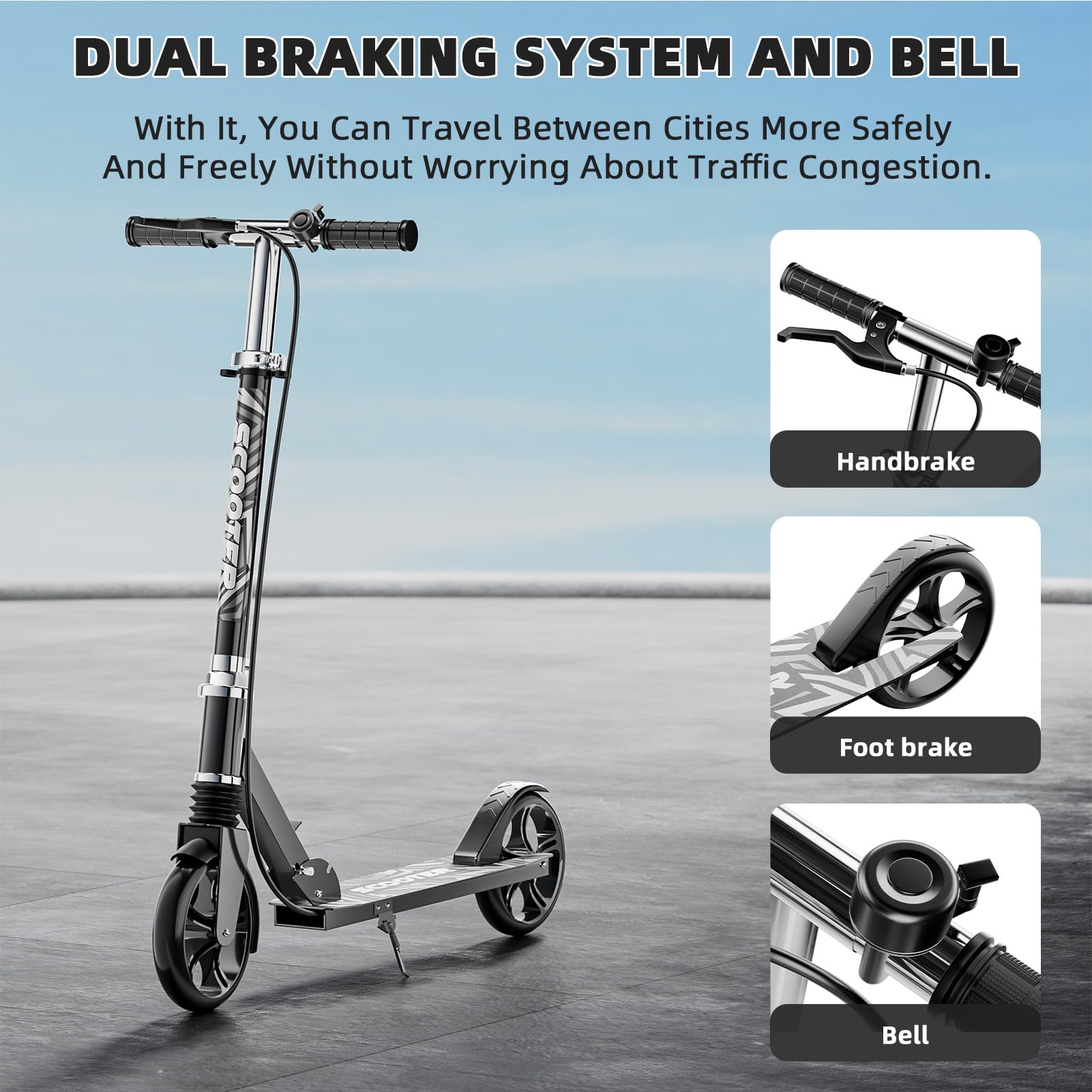 Scooters for Kids 8-12, Teens & Adults - Load 240 LBS, 8-Inch Wheels, Kick Scooter with Shock Absorption System, Hand Brake & Bell, 4 Adjustable Height Levels, Perfect for School, Commuting or Park