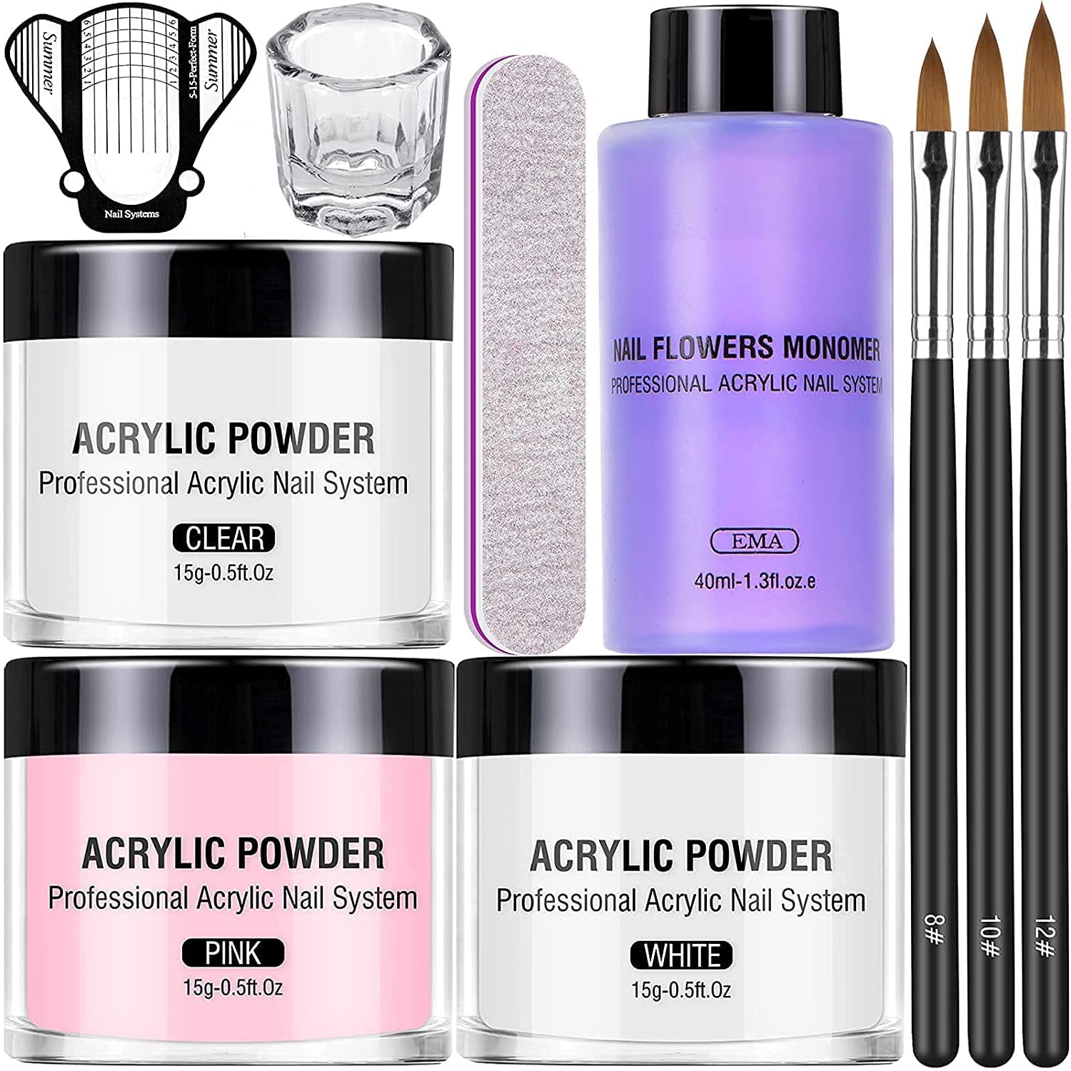 Acrylic Nail Kit Acrylic Powder and Liquid Set, Monomer Liquid Set with Nail Brush, Pink White Clear Nail Powder Kit for Acrylic Nails Extension Beginner Set