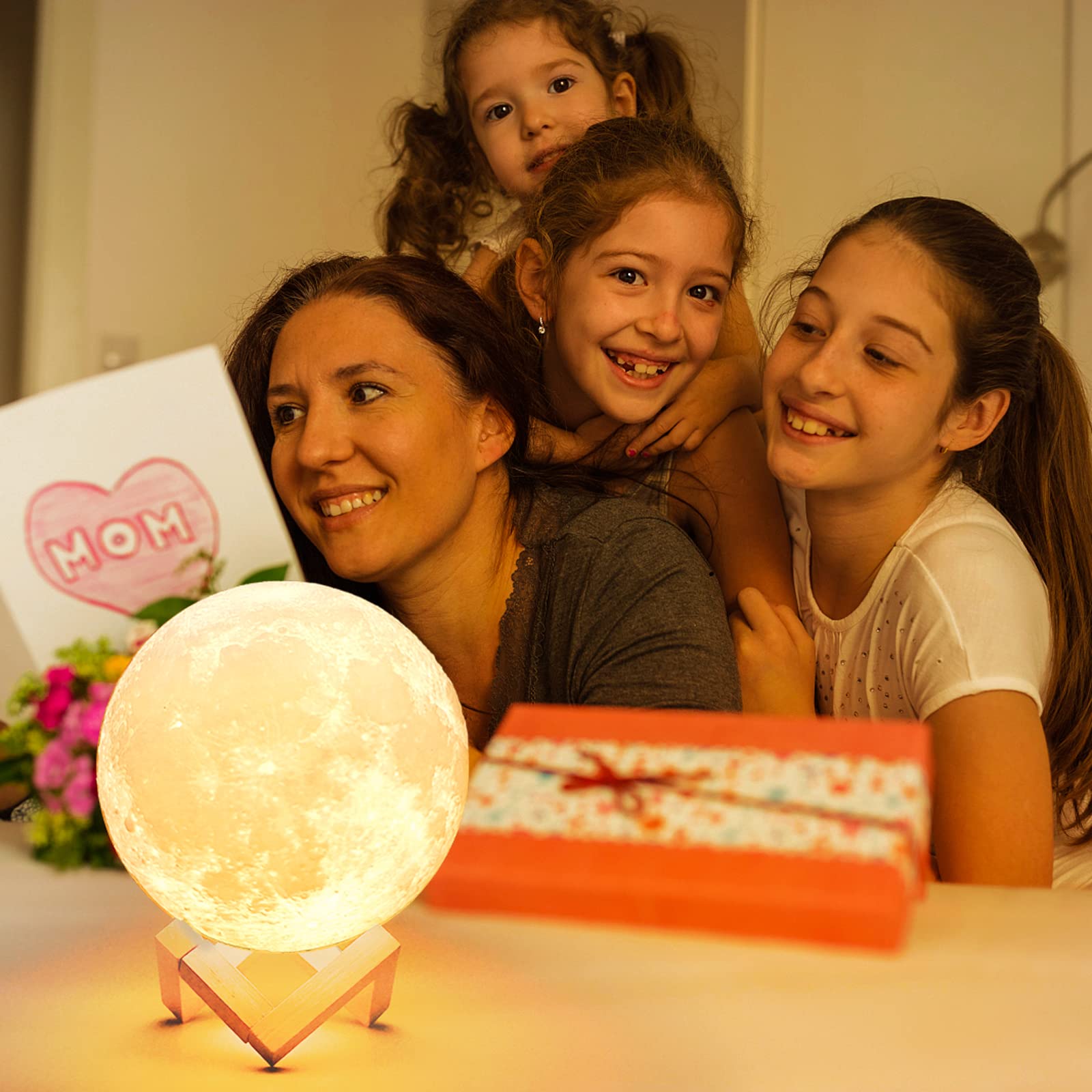 Mydethun 3D Moon Lamp with 5.9 Inch Wooden Base - Valentine's Day Gift, LED Night Light, Mood Lighting with Touch Control Brightness for Home Décor, Bedroom, Women Kids Moonlight - White & Yellow