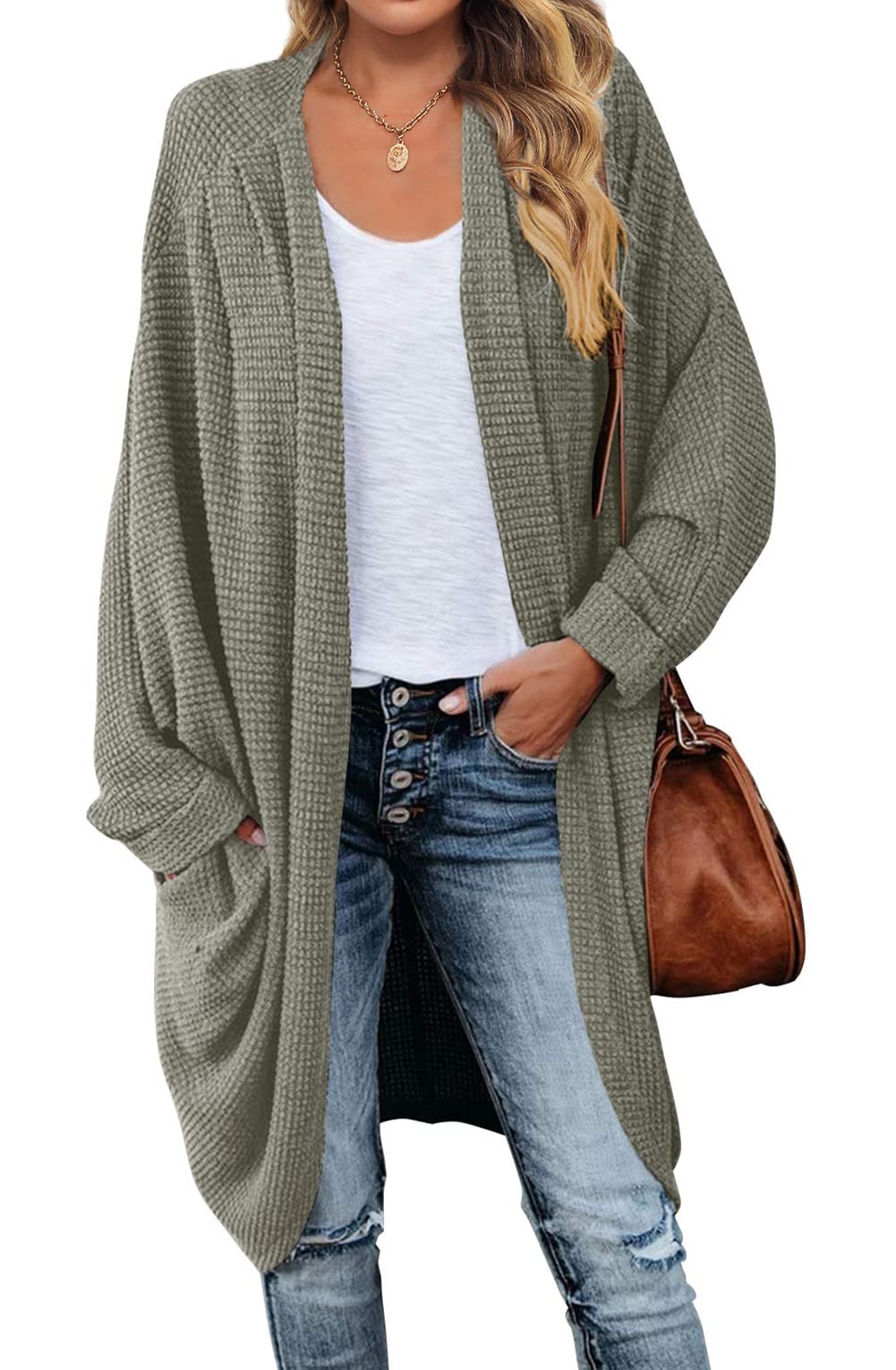 MEROKEETY Women's 2024 Fall Waffle Knit Batwing Long Sleeve Cardigan Loose Open Front Sweater Coat, Olive, Large