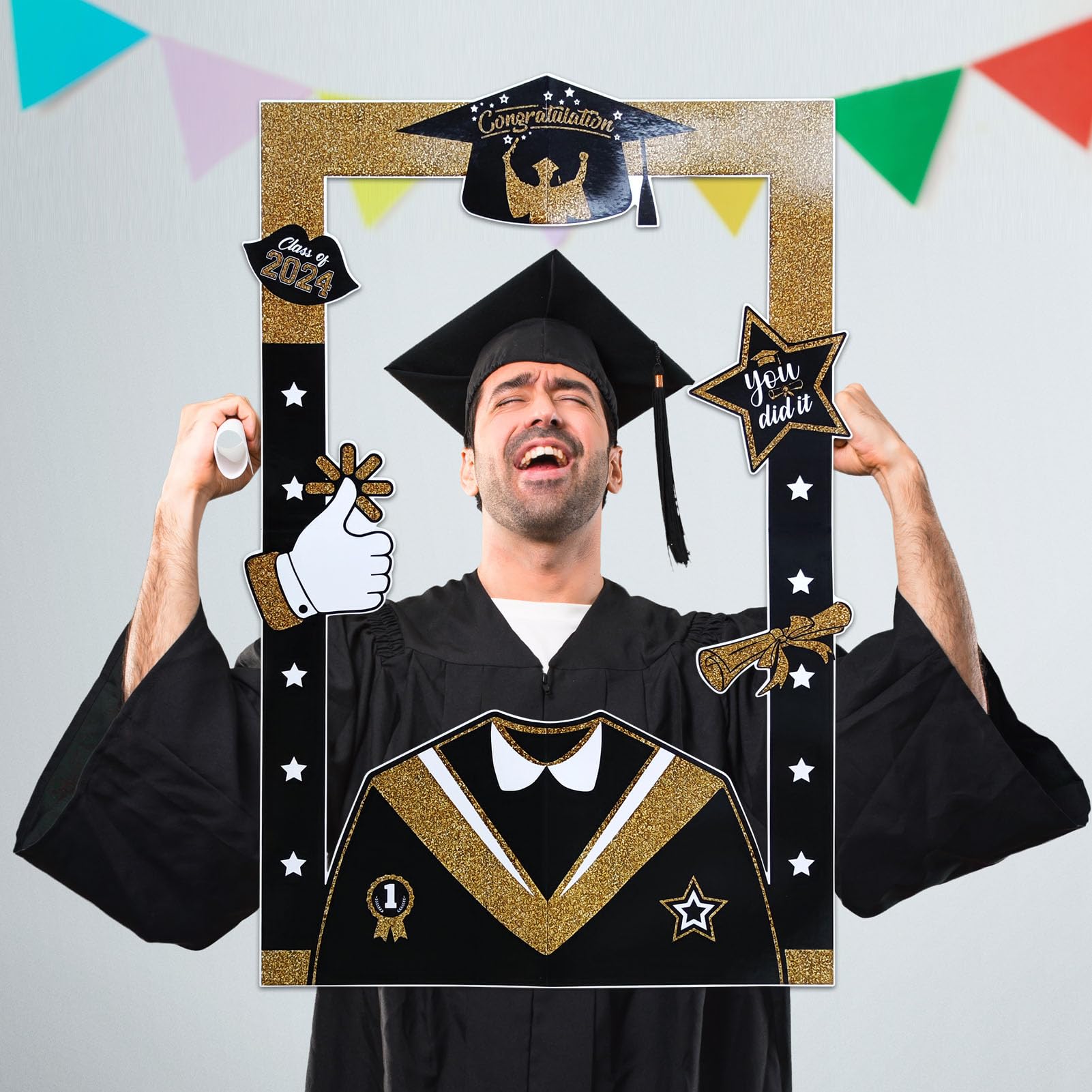 2024 Graduation Photo Props Frame Black and Gold Large Size High School College Graduation Selfie Favors Decorations Party Supplies