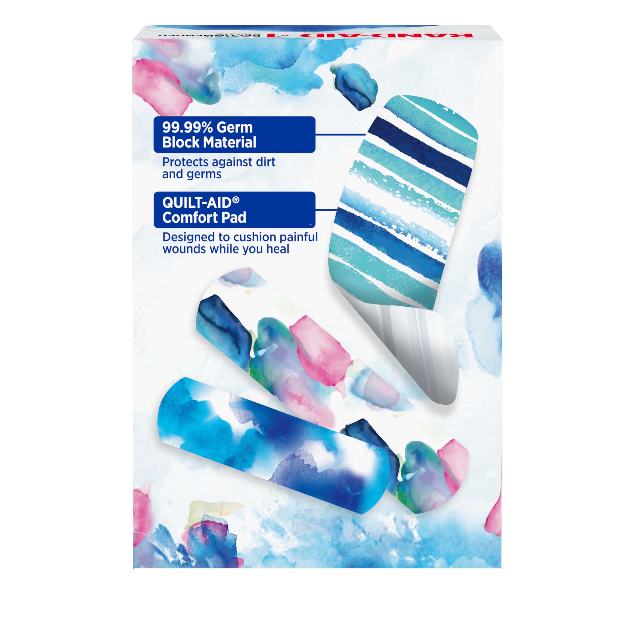 Band-Aid Brand Flexible Fabric Adhesive Bandages, Comfortable Flexible Protection & Wound Care for Minor Cuts & Scrapes, First Aid Bandage with a Water Color Design, Assorted Sizes, 30 ct