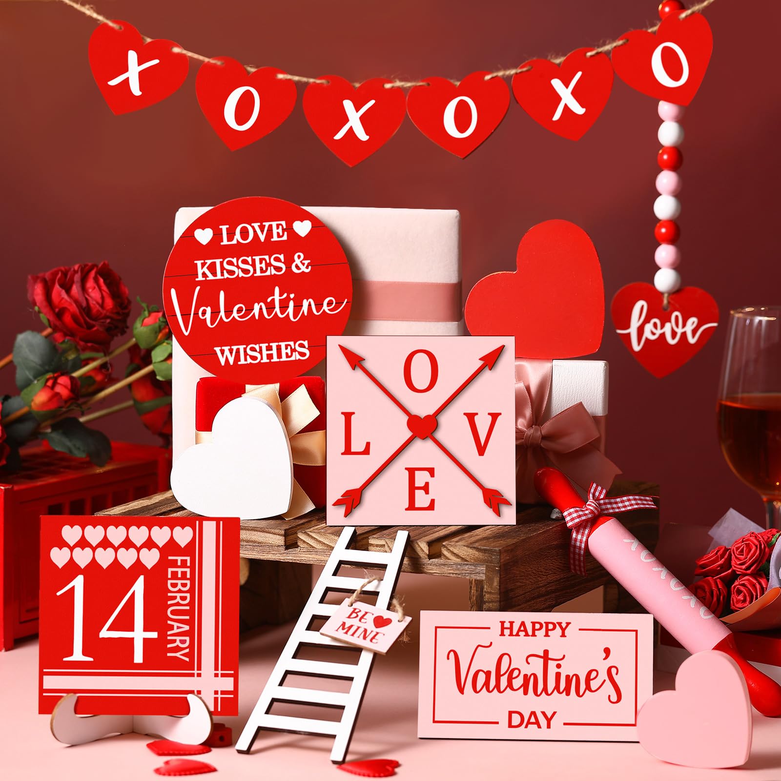 Spiareal 15 Pcs Valentine's Day Tiered Tray Decor Set Red Heart Wooden Signs Valentines Table Decorations Farmhouse Decorative Trays Signs for Home Kitchen Tabletop Valentine's Day Decorations