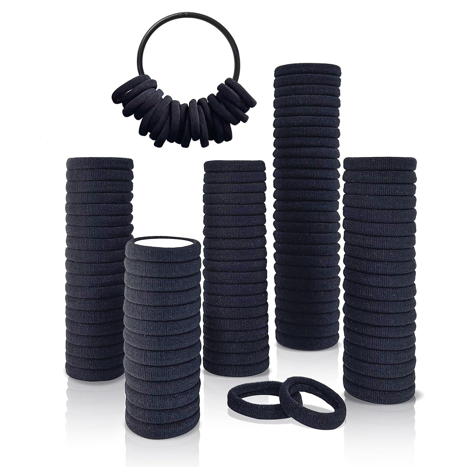SIFFOI Soft Hair Ties, Black Cotton Seamless Hair Tie with Free Organizer Ring, Premium Hair Bands for Women, Men and Girls (100, BLACK)