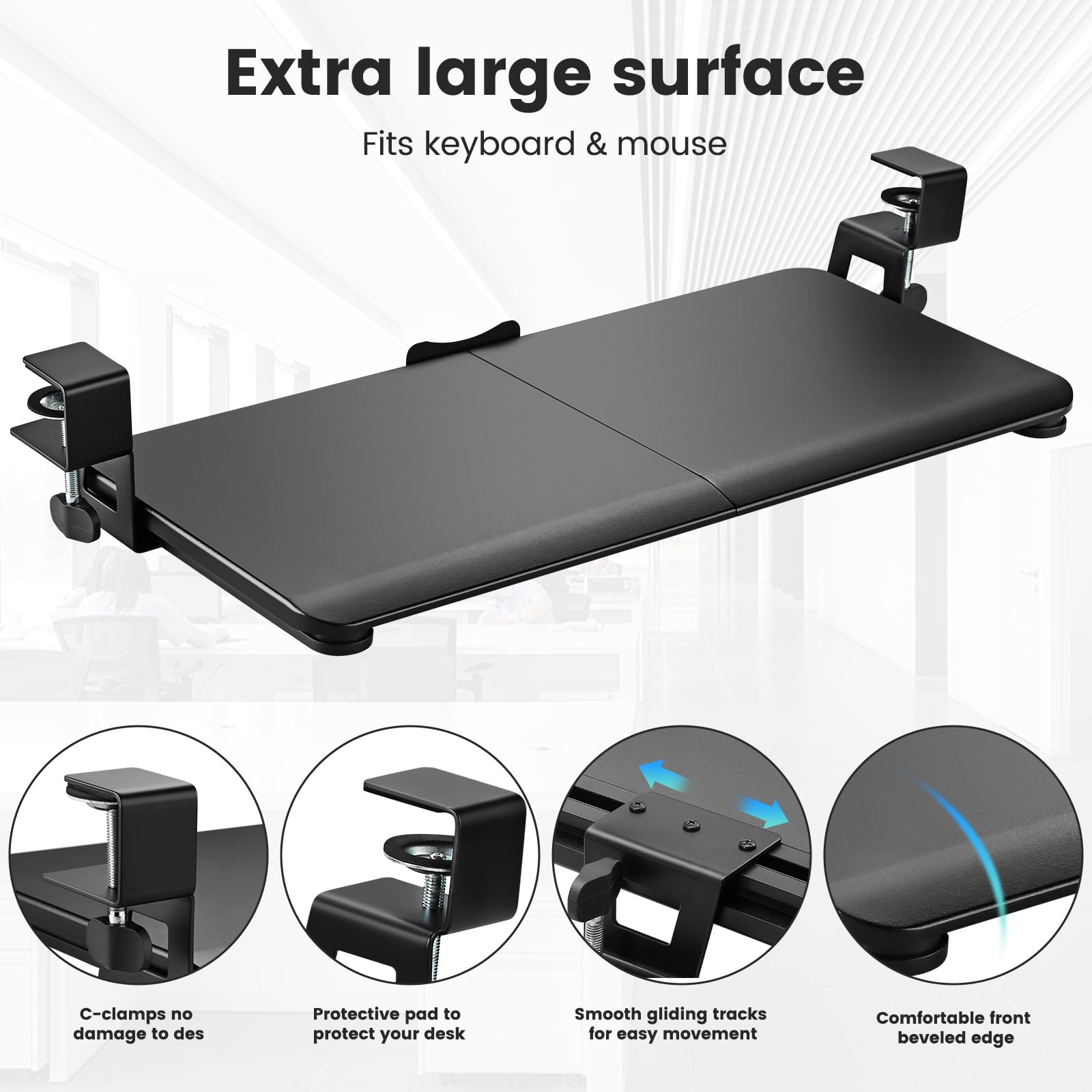 DQCGLY Keyboard Tray Under Desk, Slide Out Computer Keyboard & Mouse Tray with C Clamp-on Mount Easy to Install,30" W（Including Clamps） X 12"D Large Size,Black