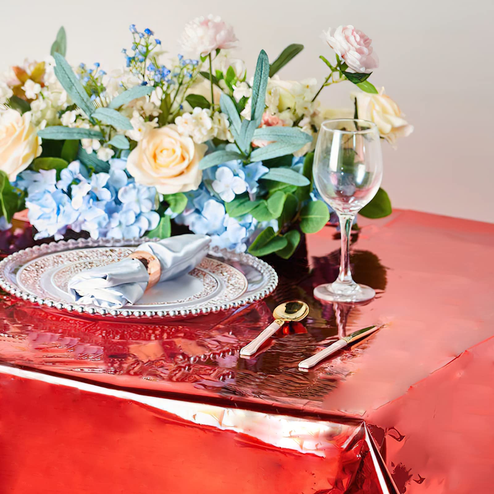 PartyWoo 3 pcs Red Foil Table Cover, 54 x 108 Inch Rectangle Waterproof Tablecloth for 6 to 8 Foot Tables, Disposable Plastic Party Tablecloth for Graduation Christmas Birthday Party Decorations