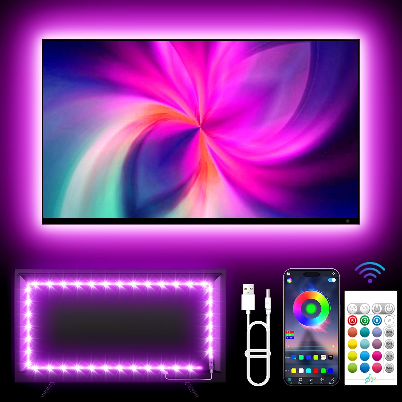 KANTUTOE TV Backlights, 13.1FT LED Lights for 32-65 Inch TV, RGB TV LED Lights Behind, Music Sync Bluetooth APP and Remote Control TV LED Strip Lights USB Powered for Gaming/Bedroom