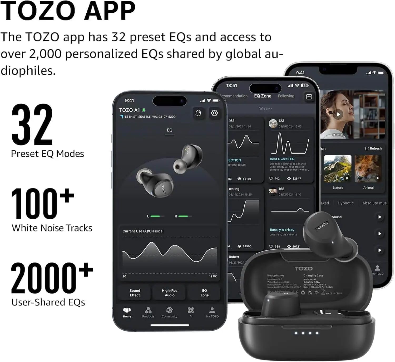 TOZO A1 Mini Wireless Earbuds Bluetooth 5.3 in Ear Light-Weight Headphones Built-in Mic Calls, IPX5 Waterproof, Immersive Premium Sound Connection Headset with Charging Case, 32 Preset EQs via APP